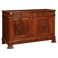 Italian 19th Century Walnut Buffet with Carved Diamond and Floral Motifs