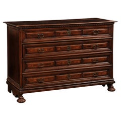 Italian 19th Century Walnut Commode with Four Drawers, Carved Panels and Banding