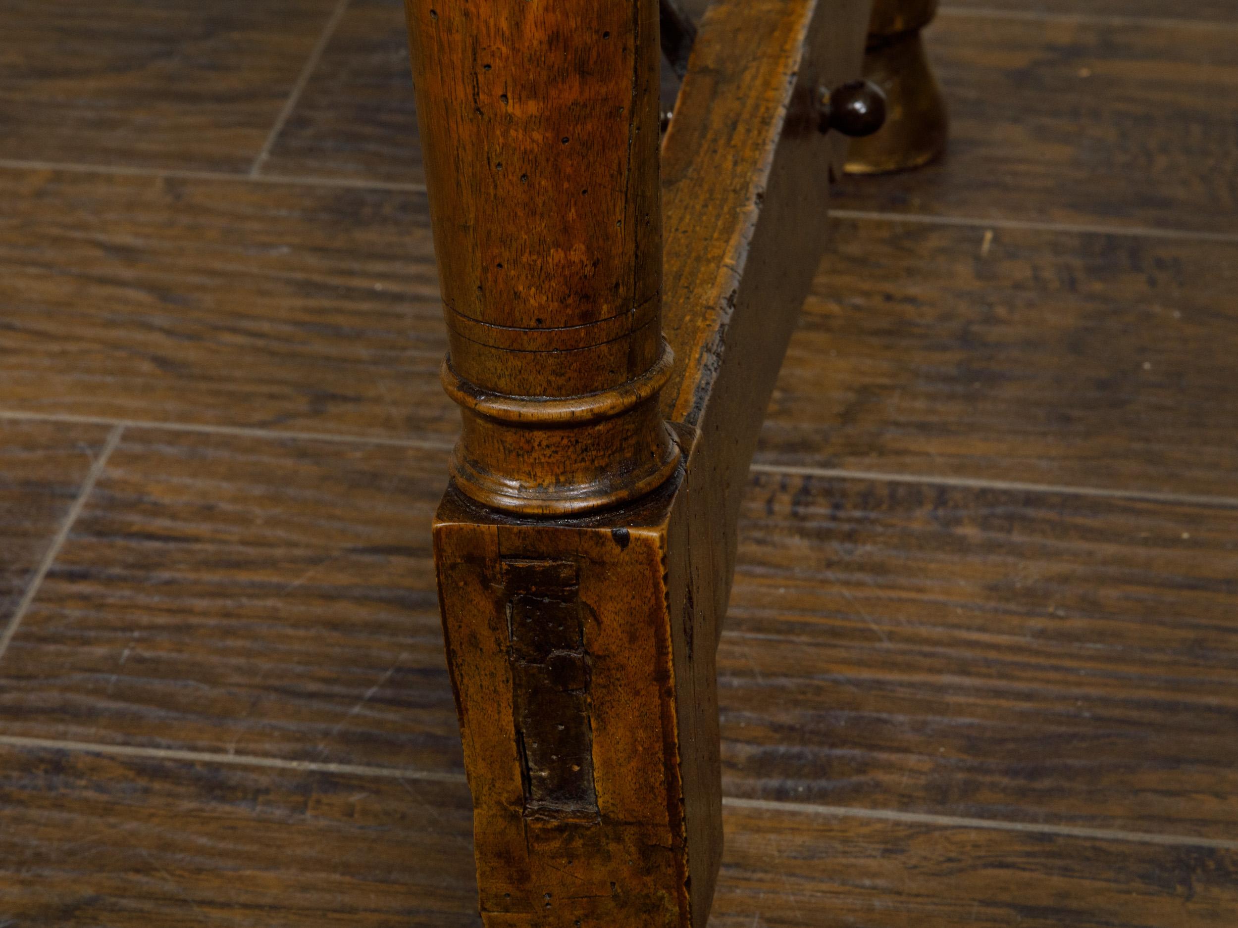 Italian 19th Century Walnut Console Table with Column Legs and Iron Stretchers For Sale 8