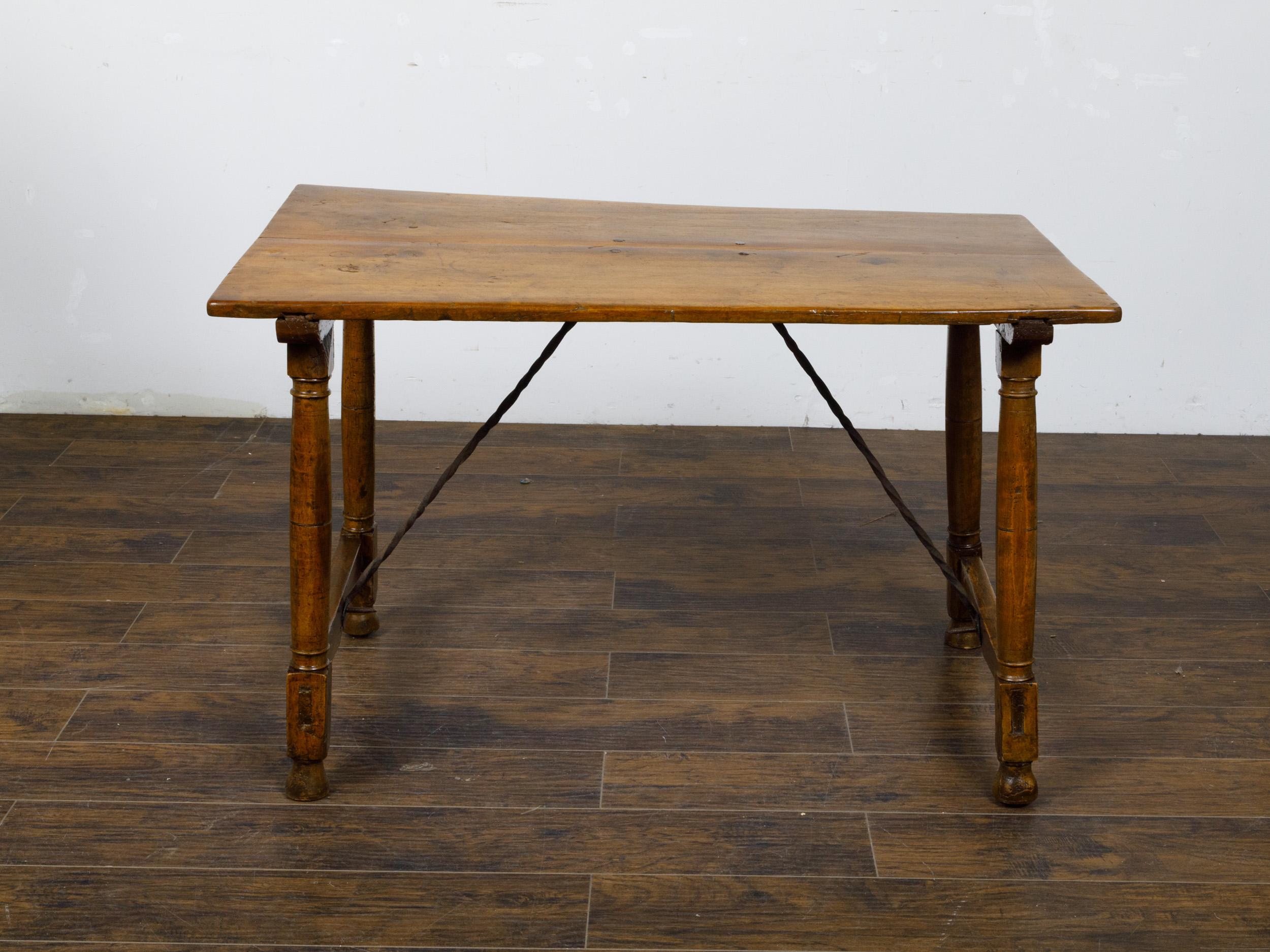 Italian 19th Century Walnut Console Table with Column Legs and Iron Stretchers For Sale 12