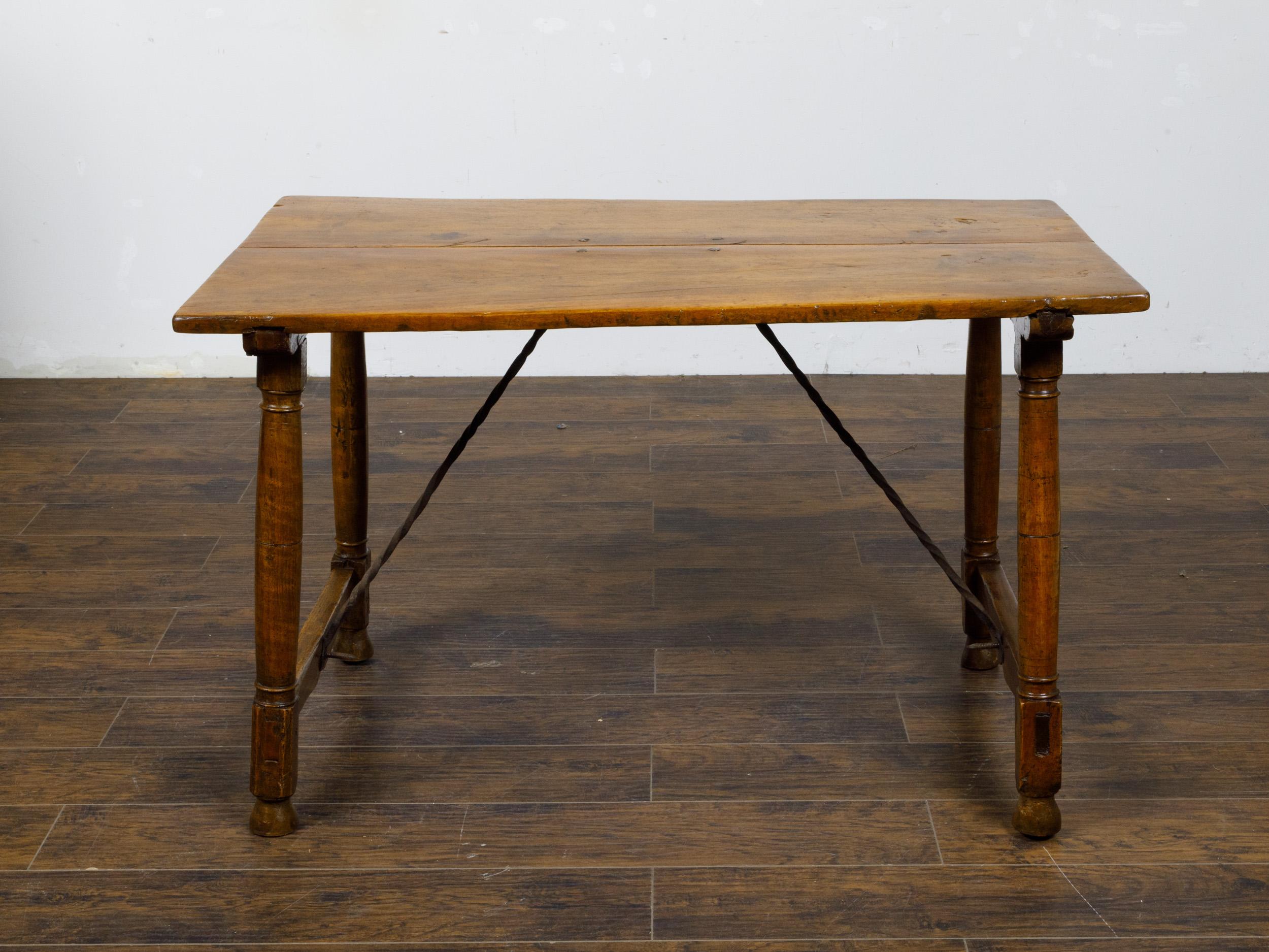 Italian 19th Century Walnut Console Table with Column Legs and Iron Stretchers For Sale 1