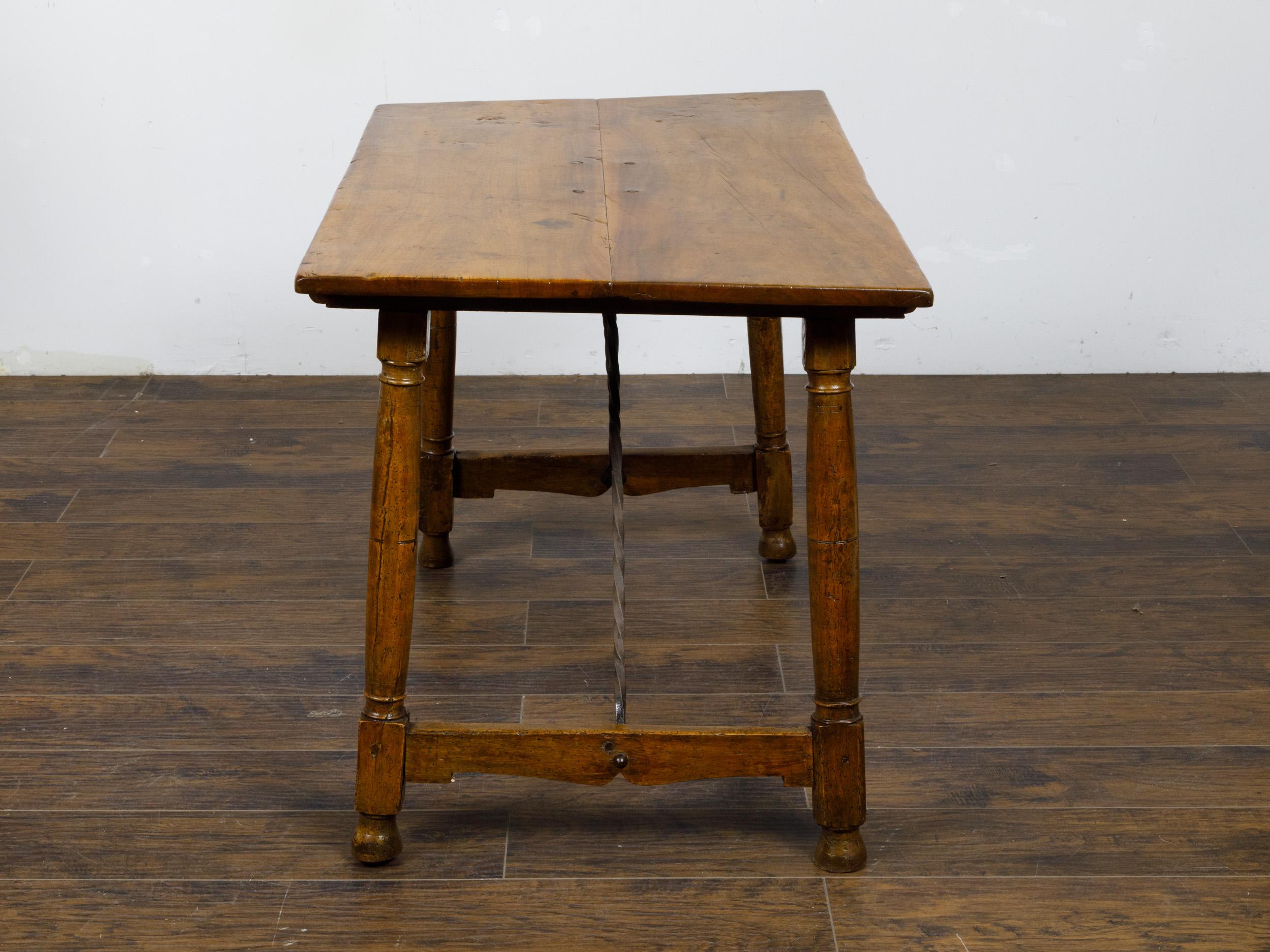 Italian 19th Century Walnut Console Table with Column Legs and Iron Stretchers For Sale 2