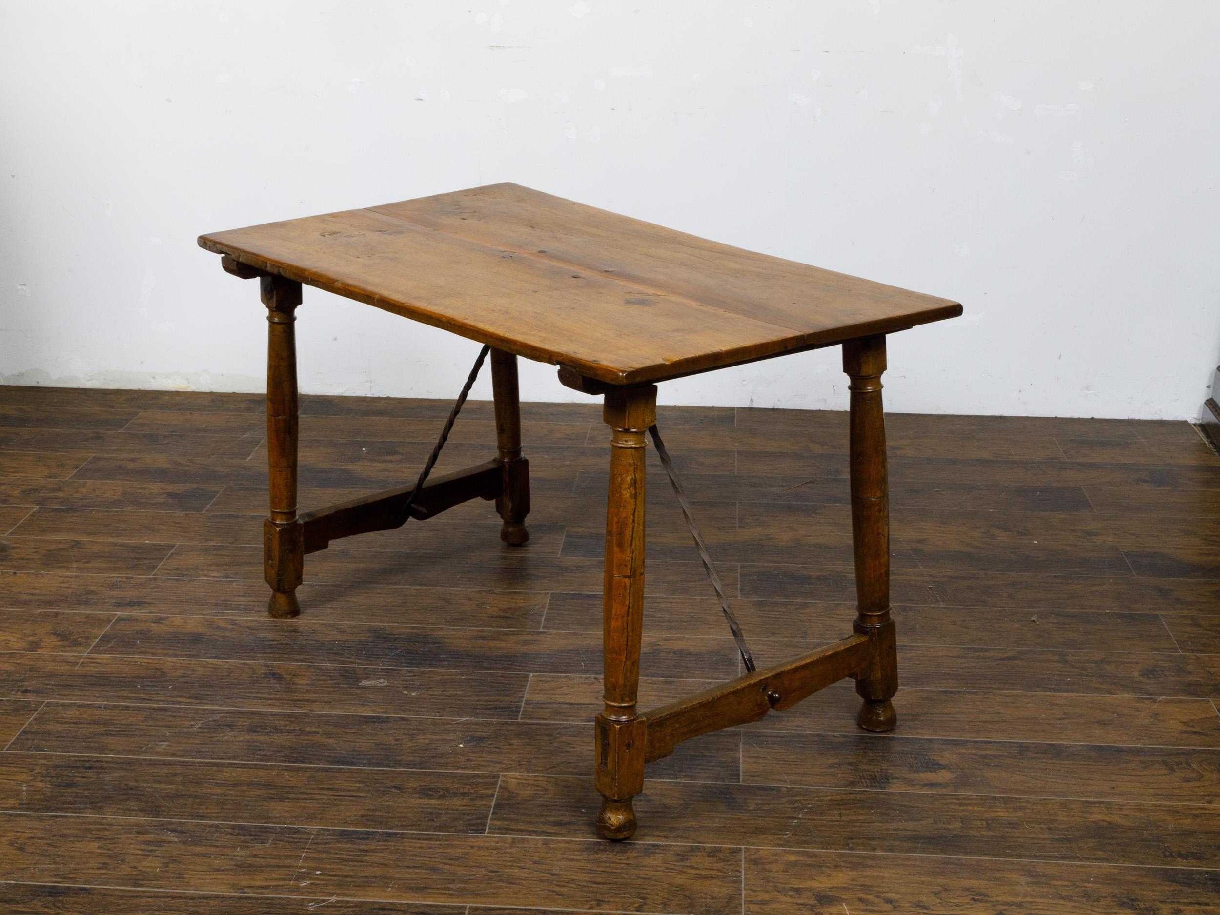 Italian 19th Century Walnut Console Table with Column Legs and Iron Stretchers For Sale 3