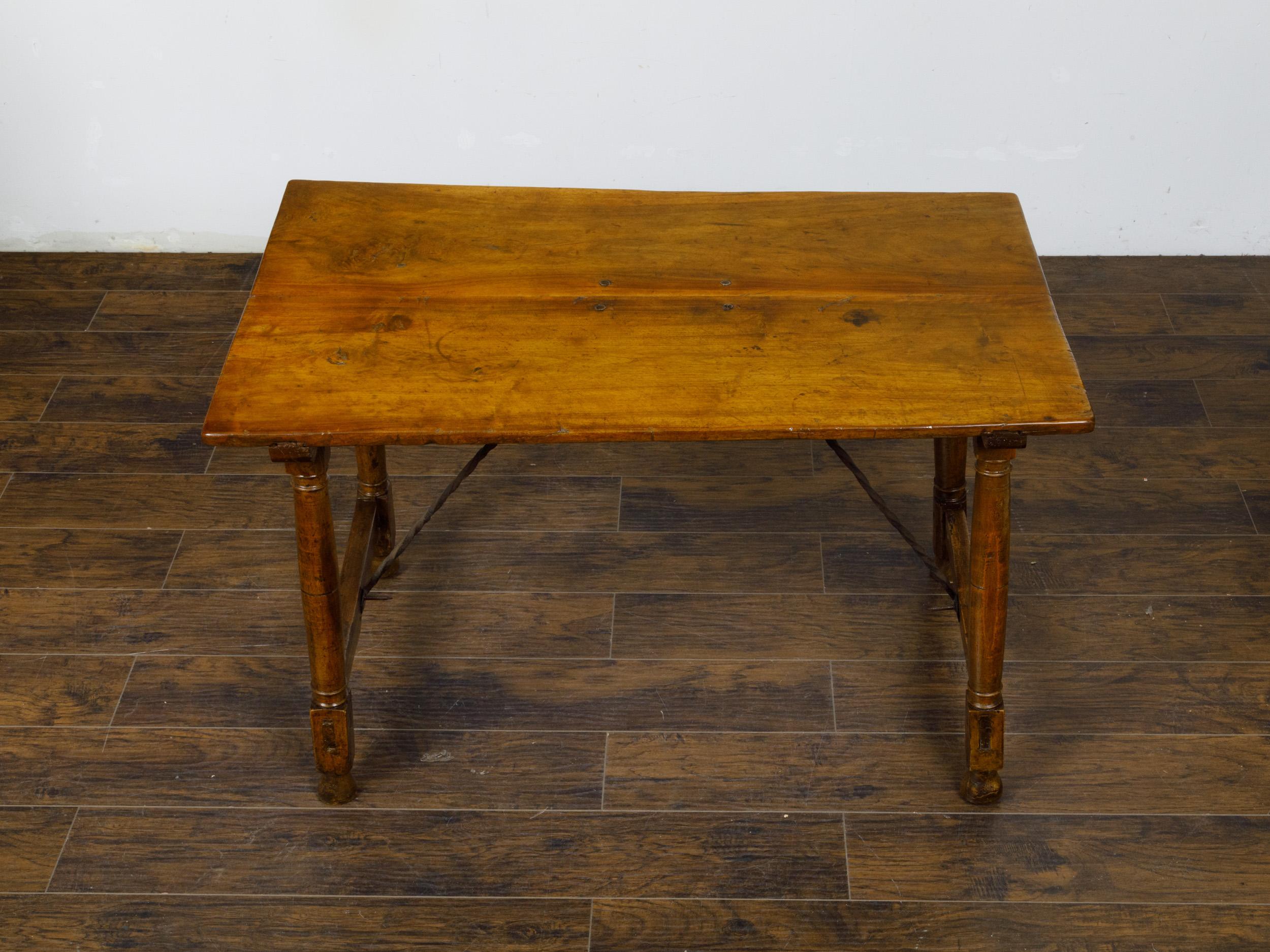 Italian 19th Century Walnut Console Table with Column Legs and Iron Stretchers For Sale 4