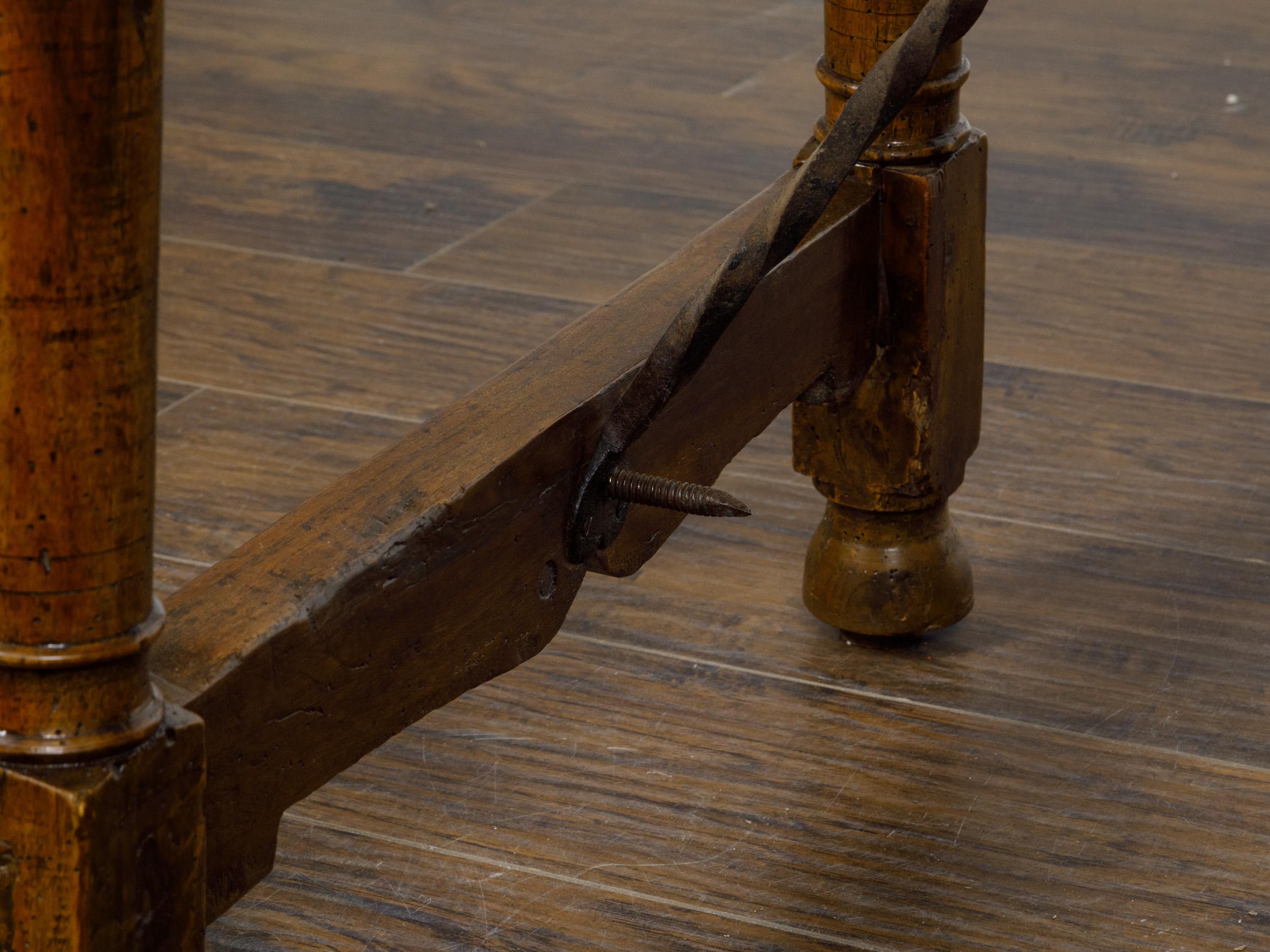 Italian 19th Century Walnut Console Table with Column Legs and Iron Stretchers For Sale 5