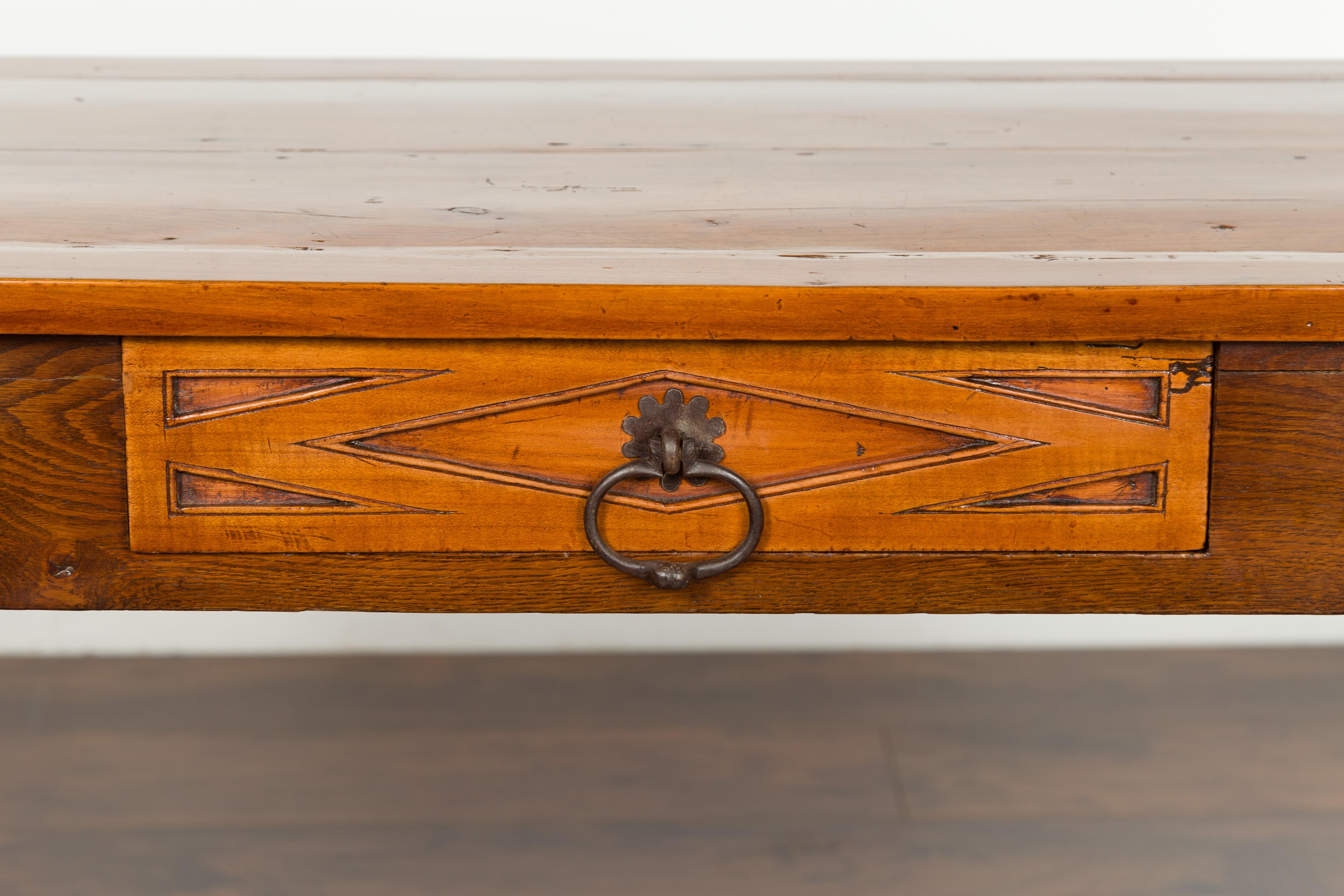 Iron Italian 19th Century Walnut Console Table with Single Drawer and Diamond Motif