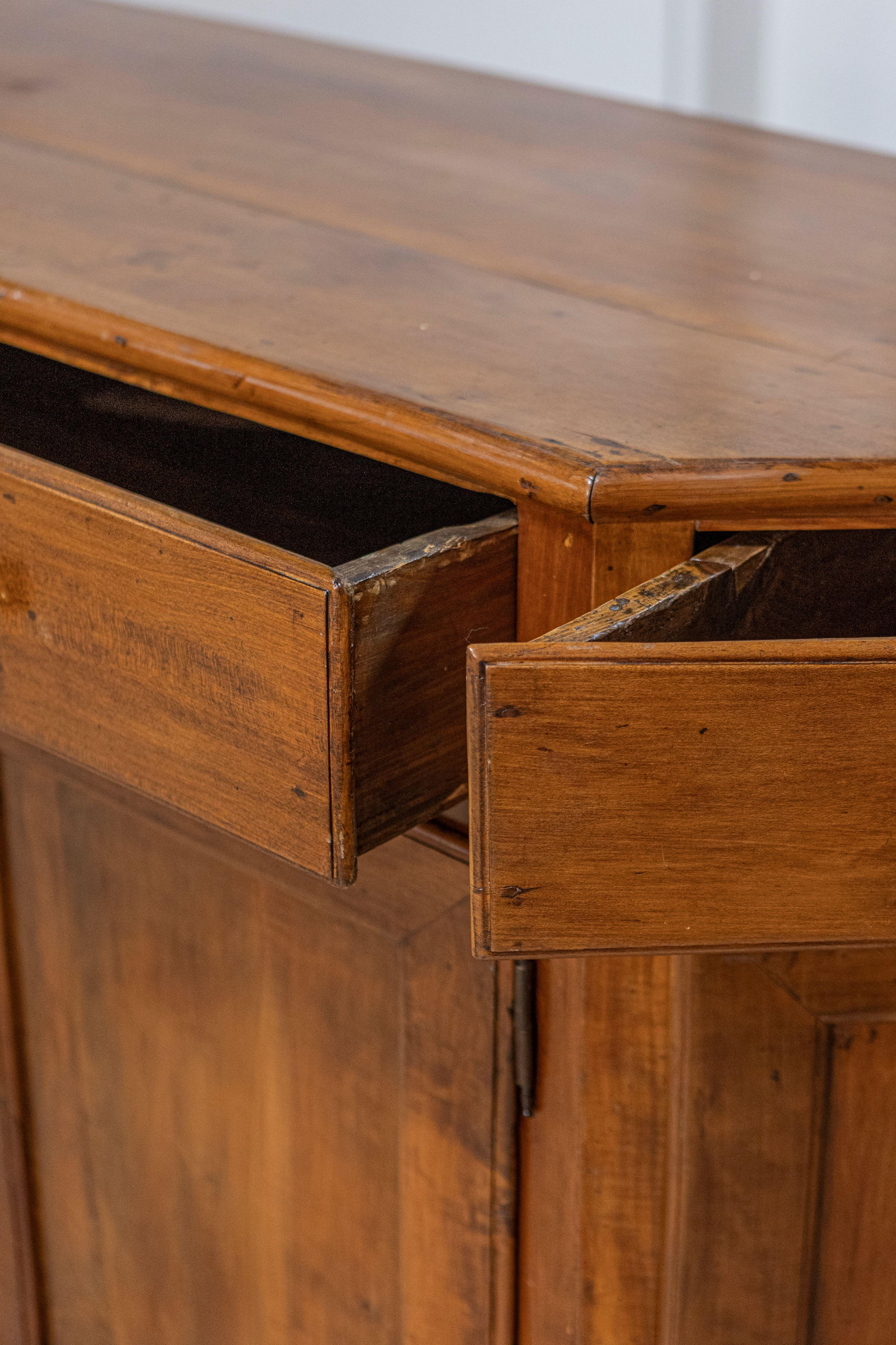 Italian 19th Century Walnut Credenza with Drawers over Doors and Canted Sides For Sale 3