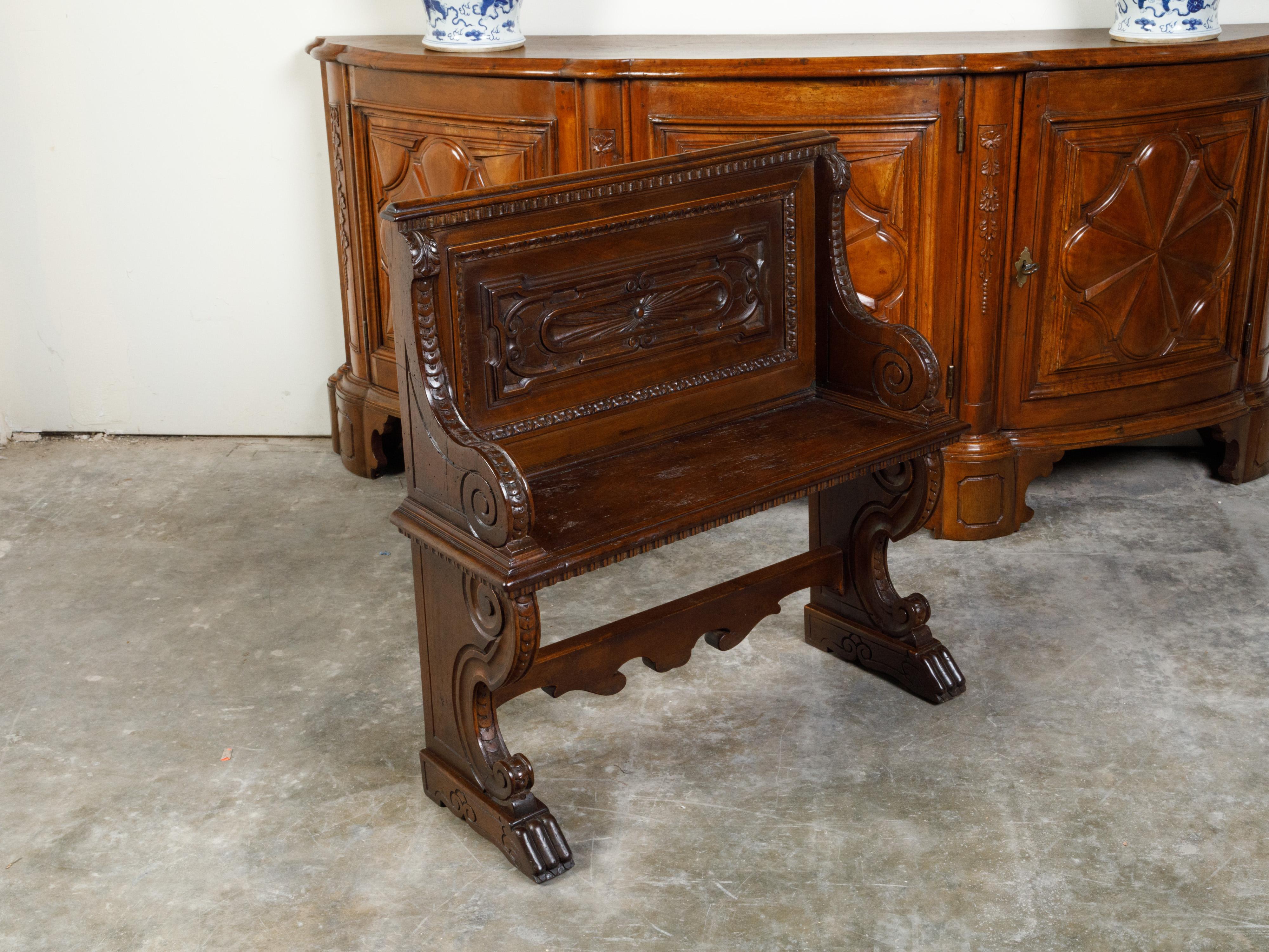 Italian 19th Century Walnut Hall Bench with Carved Back and Large Volutes For Sale 9