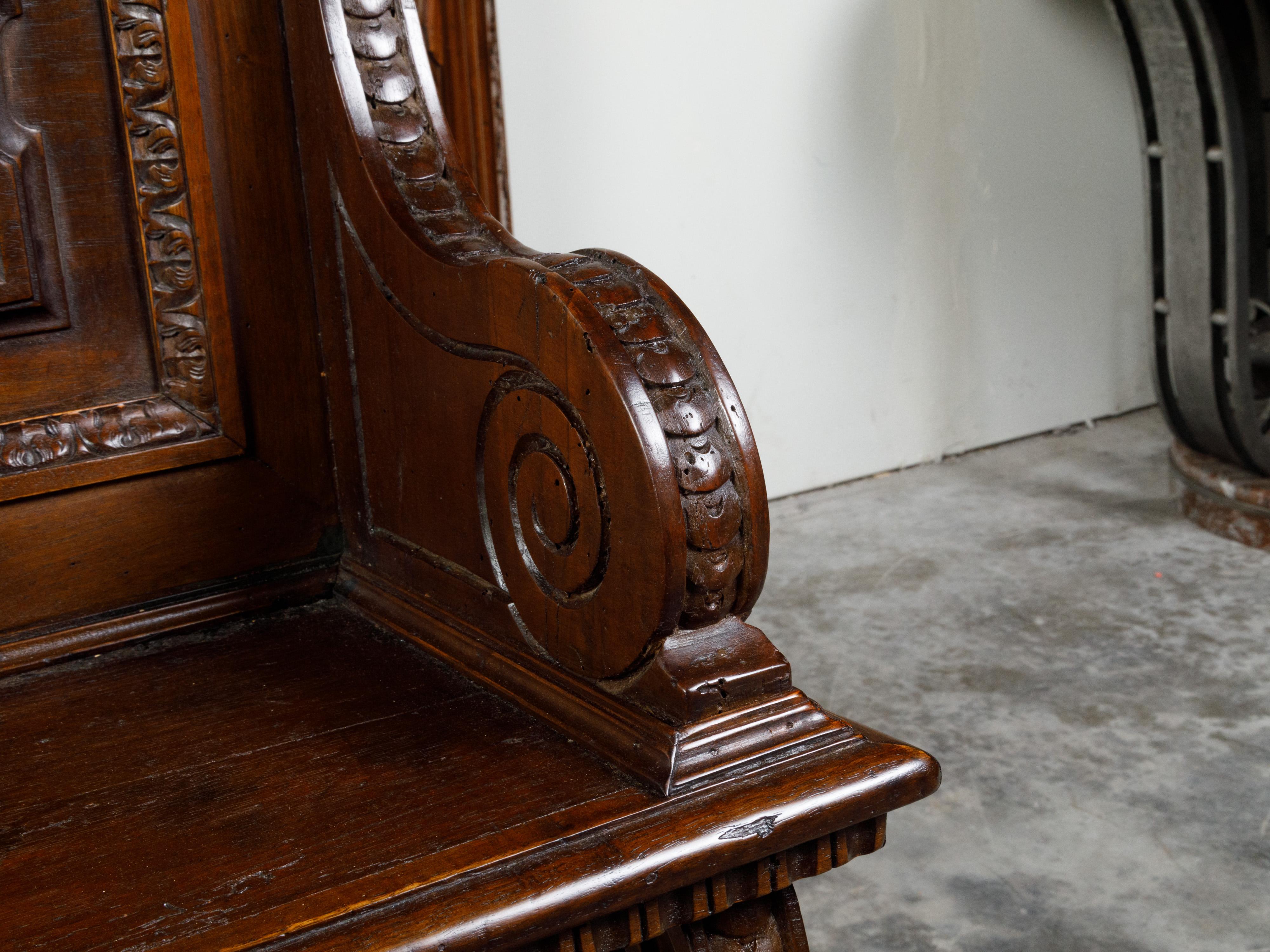 Italian 19th Century Walnut Hall Bench with Carved Back and Large Volutes For Sale 1
