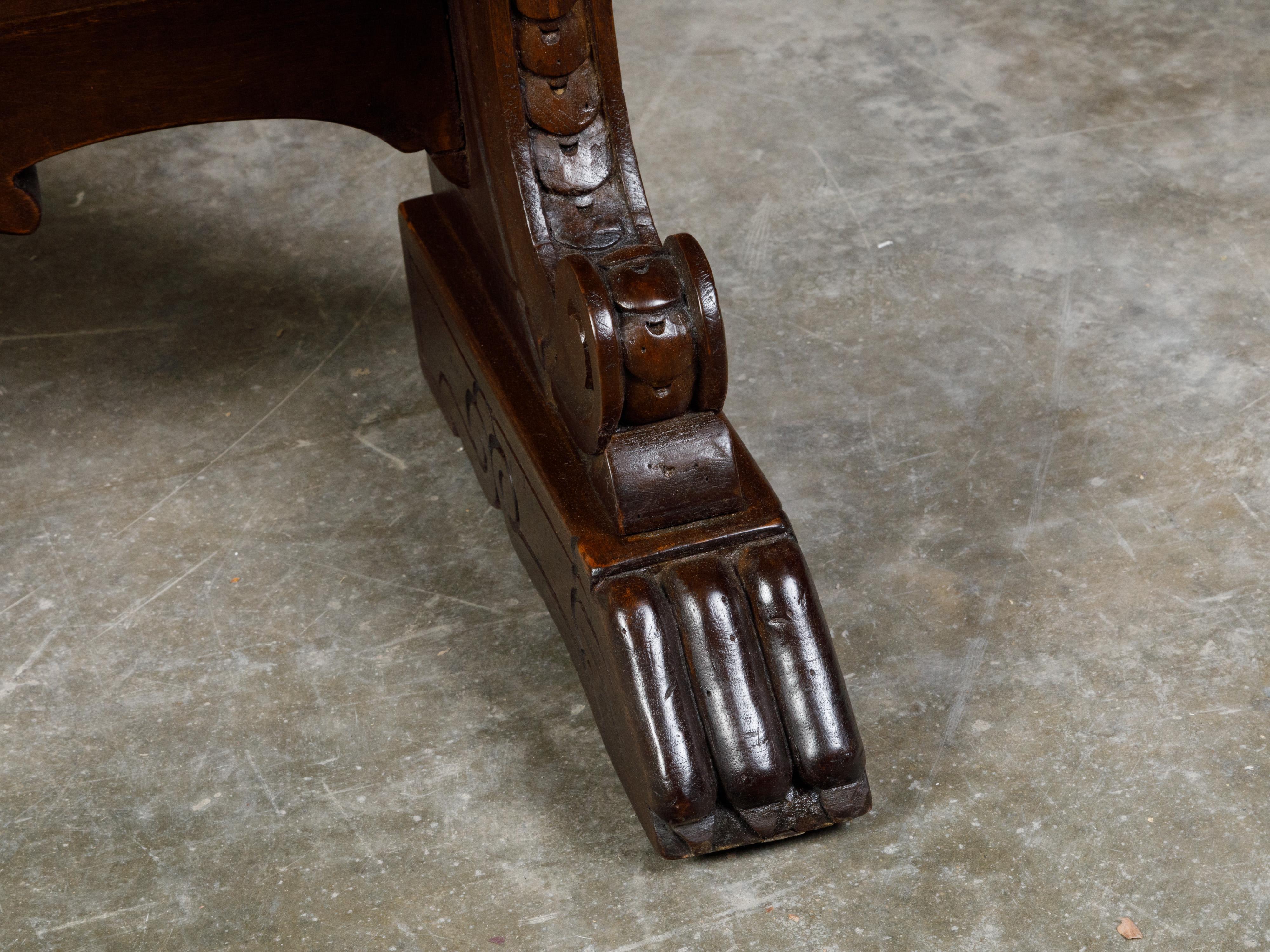 Italian 19th Century Walnut Hall Bench with Carved Back and Large Volutes For Sale 3