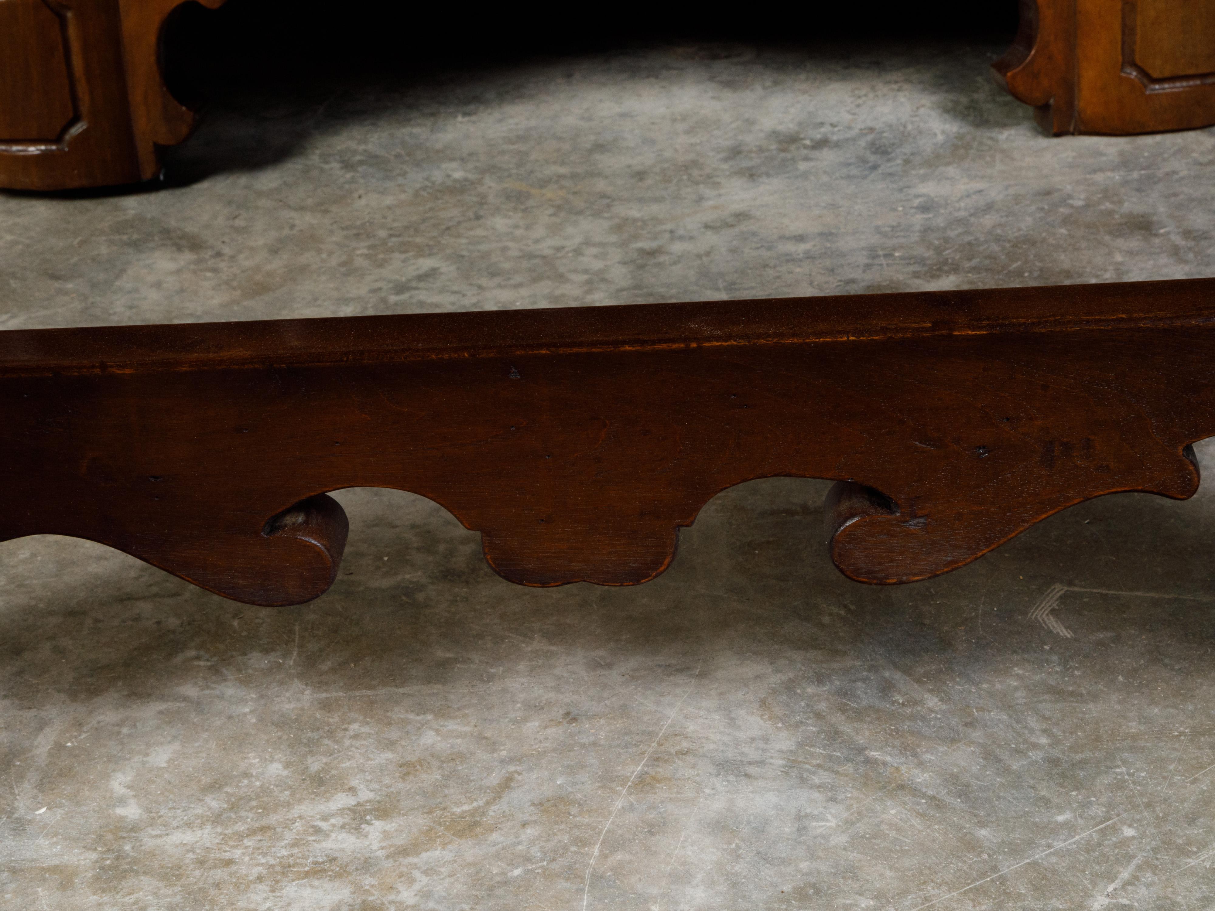 Italian 19th Century Walnut Hall Bench with Carved Back and Large Volutes For Sale 4