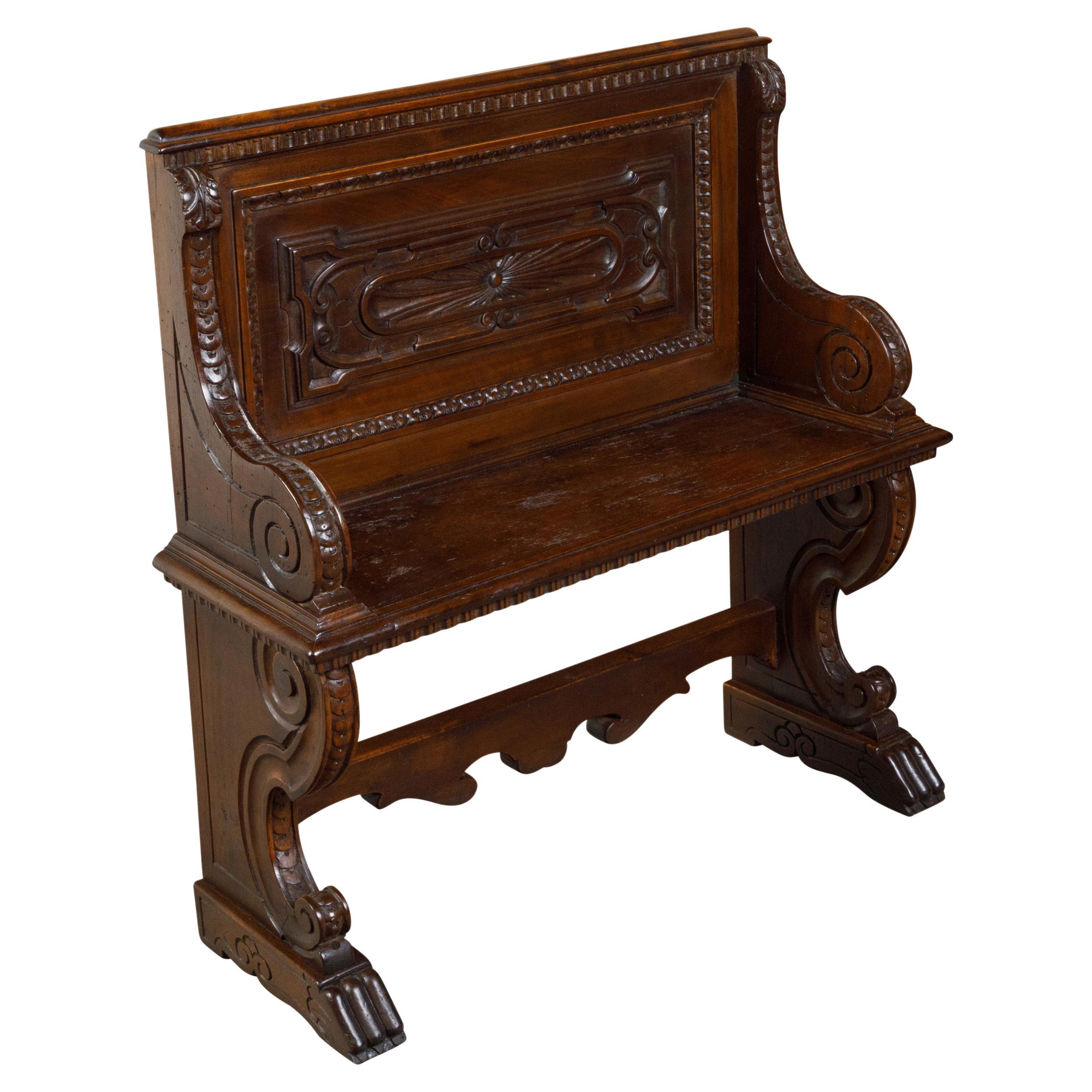 Italian 19th Century Walnut Hall Bench with Carved Back and Large Volutes For Sale