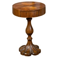 Italian 19th Century Walnut Pedestal Side Table with Heart-Shape Inlaid Top
