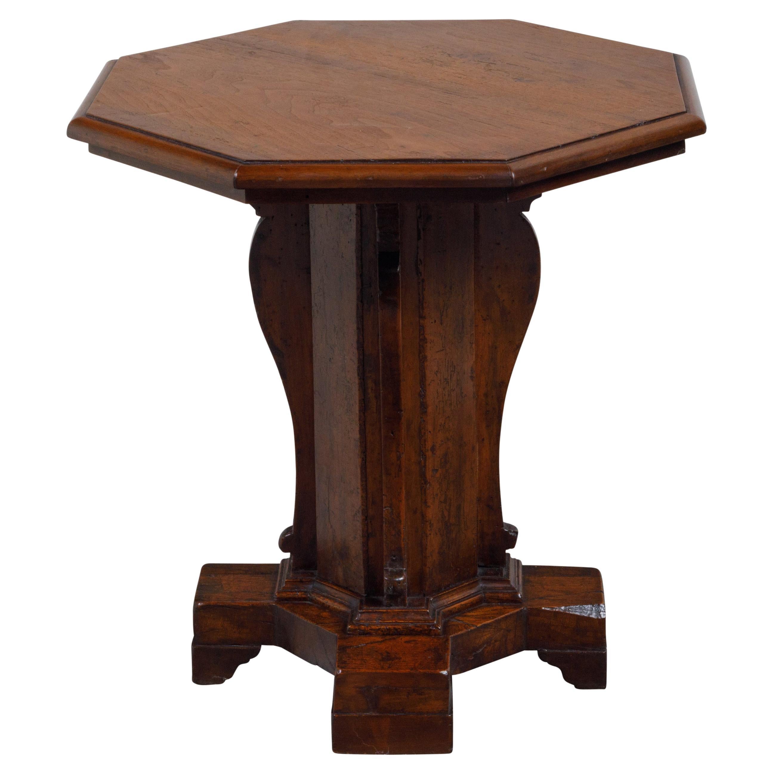 Italian 19th Century Walnut Side Table with Octagonal Top and Pedestal Base