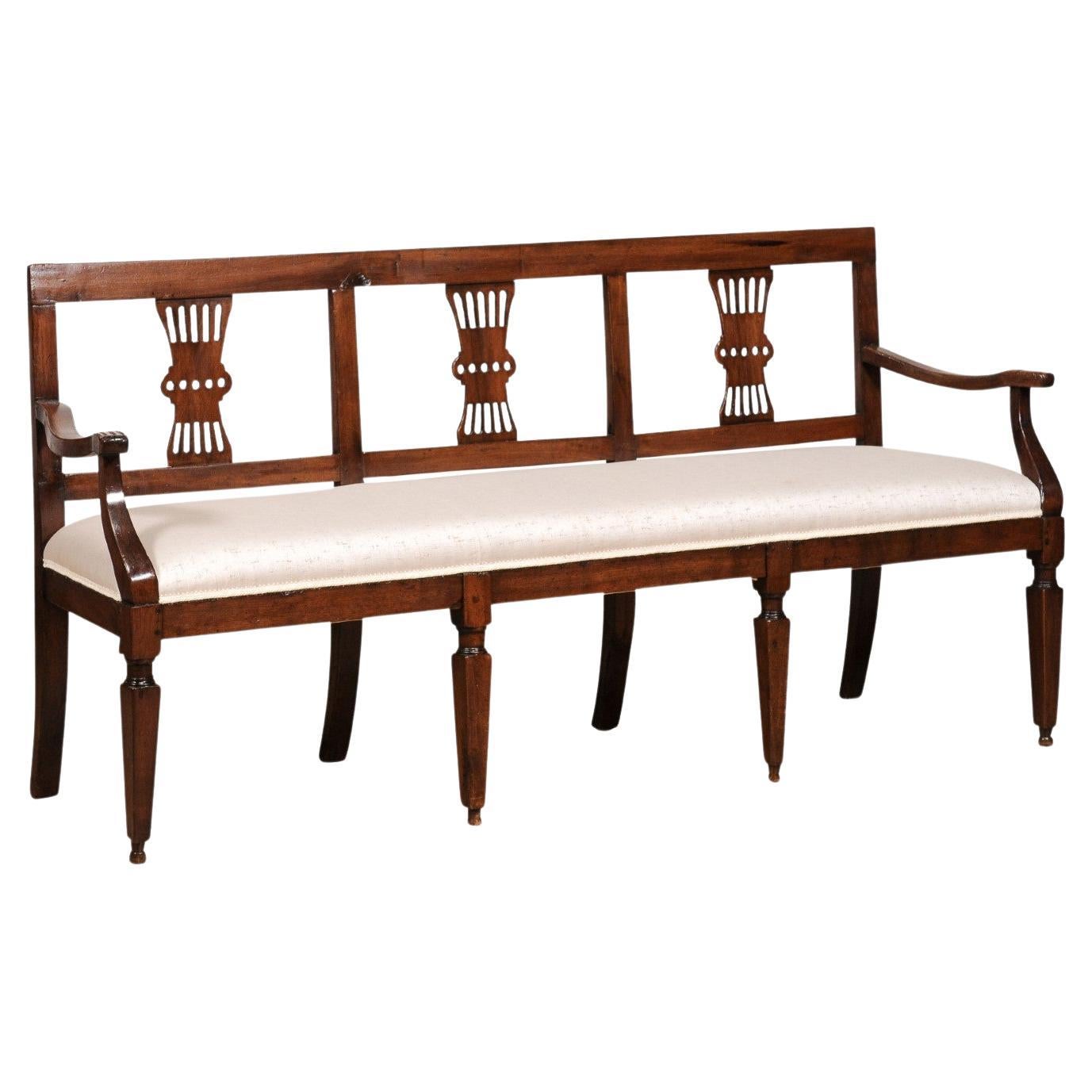 Italian 19th Century Walnut Three-Seater Bench with Carved Splats and Upholstery