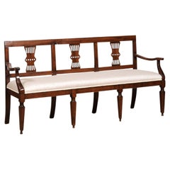 Italian 19th Century Walnut Three-Seater Bench with Carved Splats and Upholstery