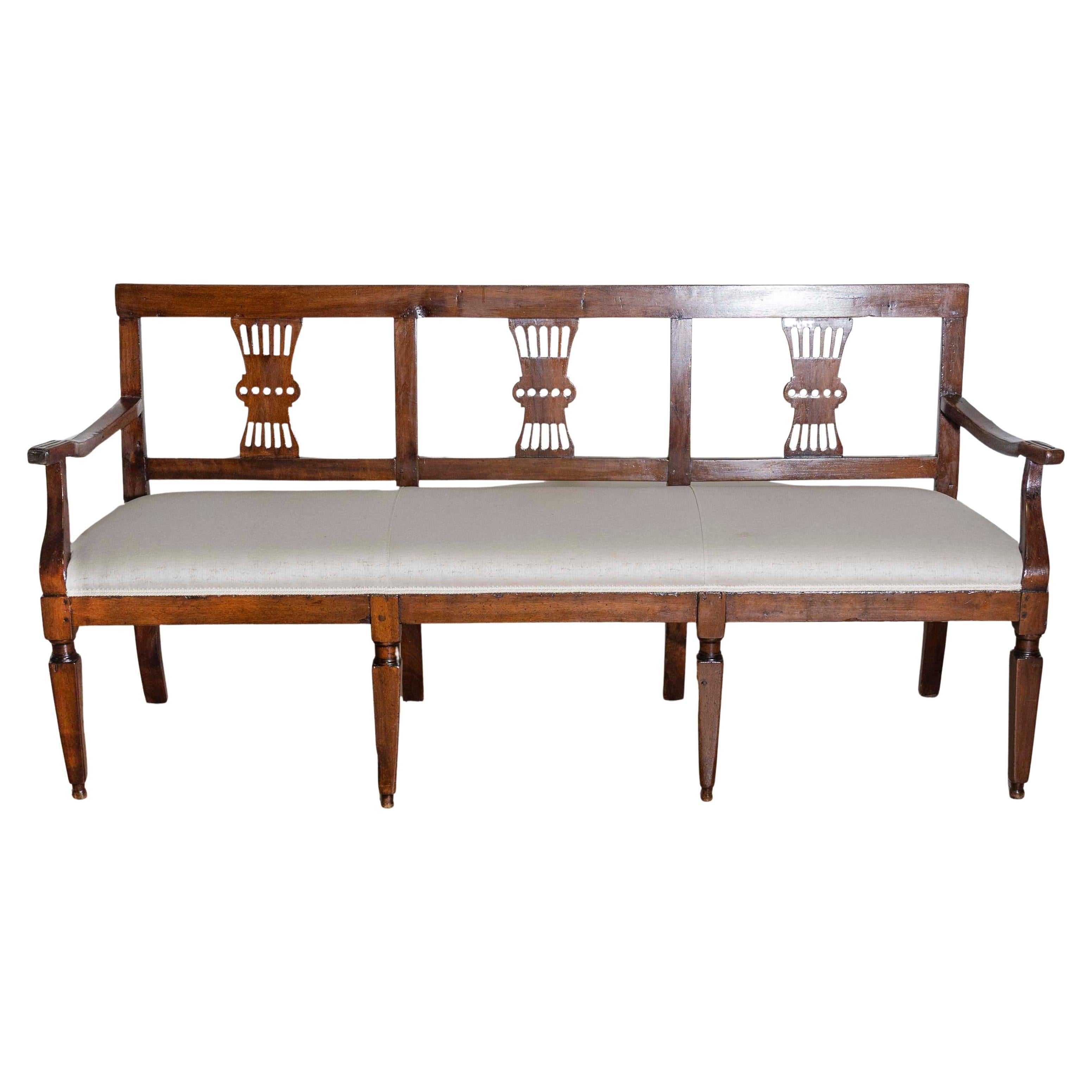 Italian 19th Century Walnut Three-Seater Bench with Carved Splats and Upholstery