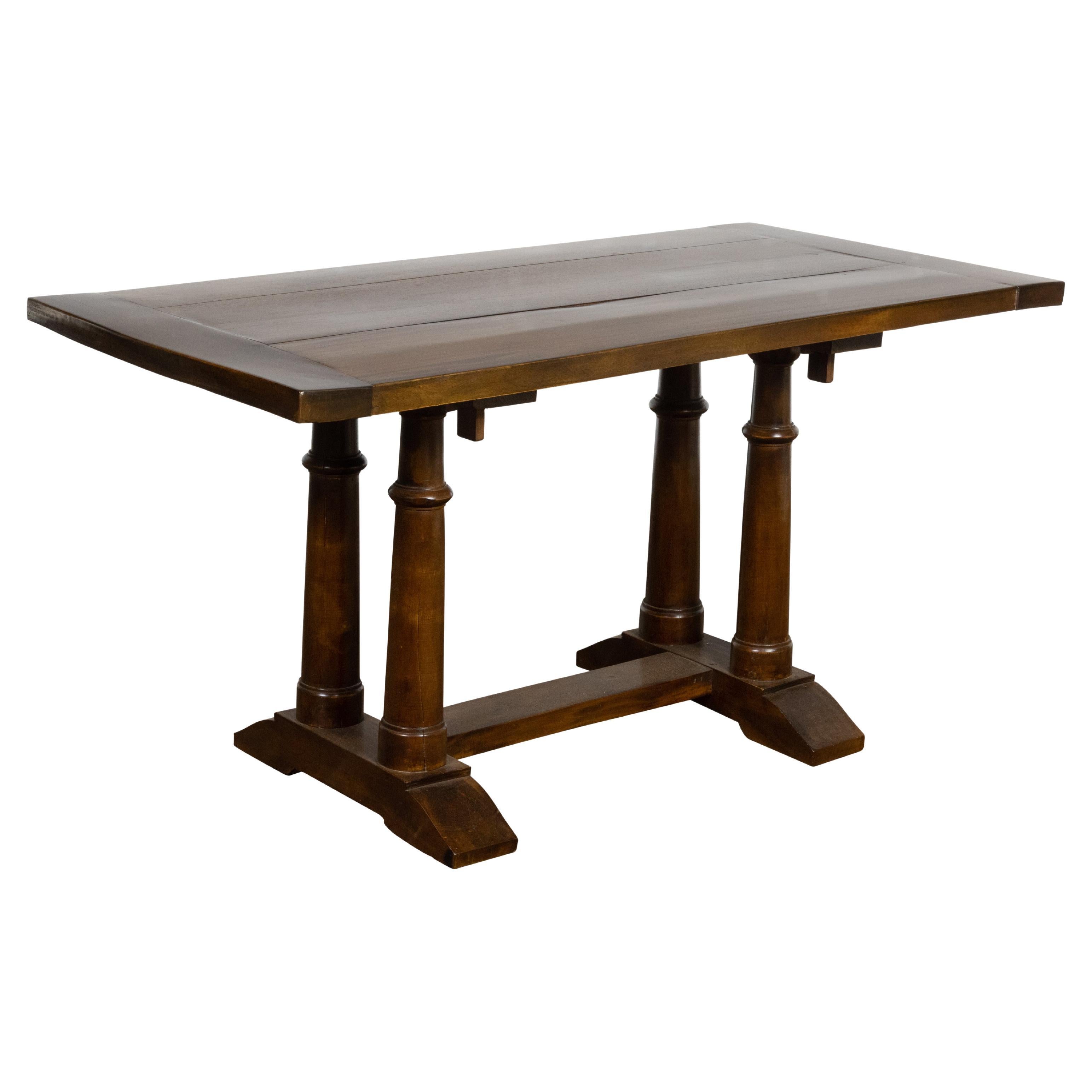 Italian 19th Century Walnut Trestle Table with Column Shaped Legs For Sale