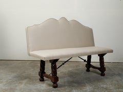 Italian 19th Century Walnut Upholstered Bench with Twisted Base, Iron Stretcher