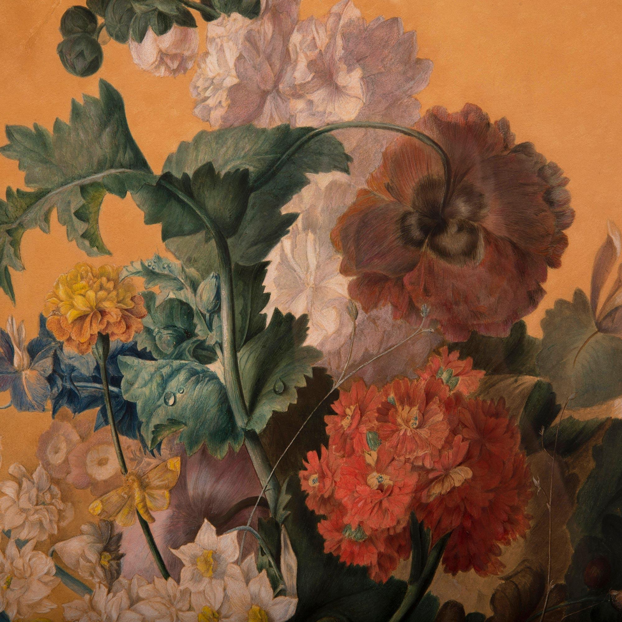 Canvas Italian 19th Century Watercolor Painting Named Flowers in a Vase For Sale