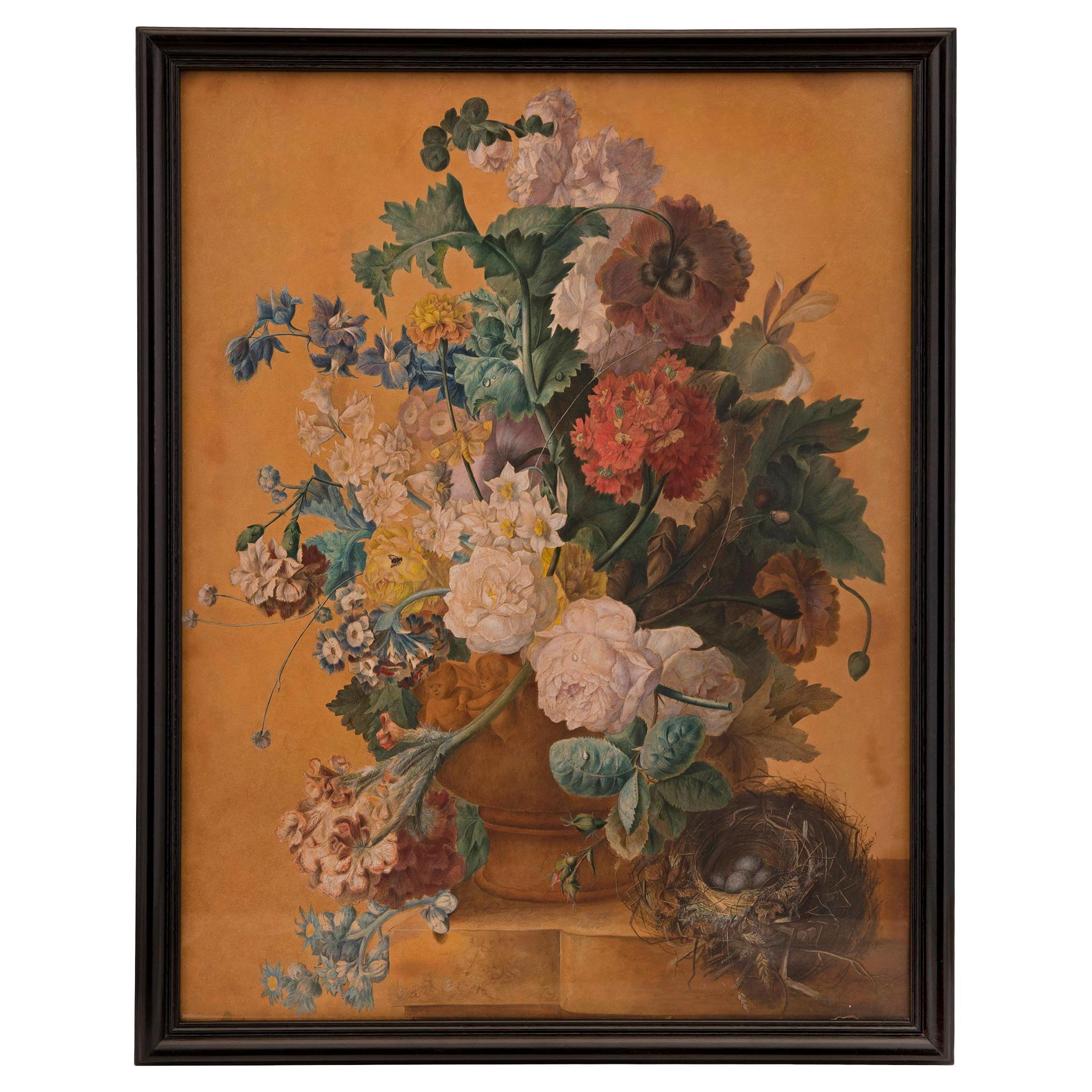 Aquarelle italienne du 19ème siècle représentant des fleurs nommées dans un vase