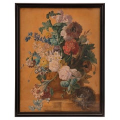 Antique Italian 19th Century Watercolor Painting Named Flowers in a Vase
