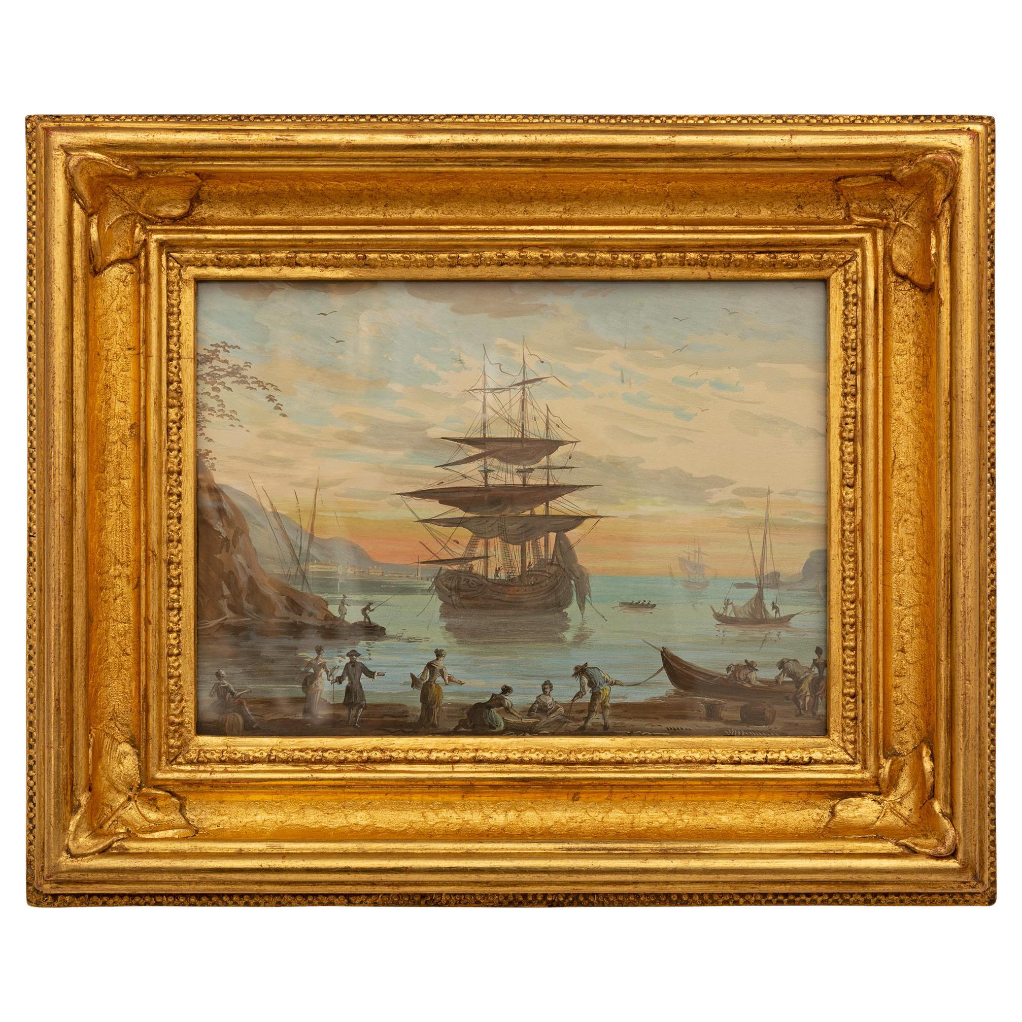Peinture à l'aquarelle italienne du XIXe siècle représentant la baie de Venise