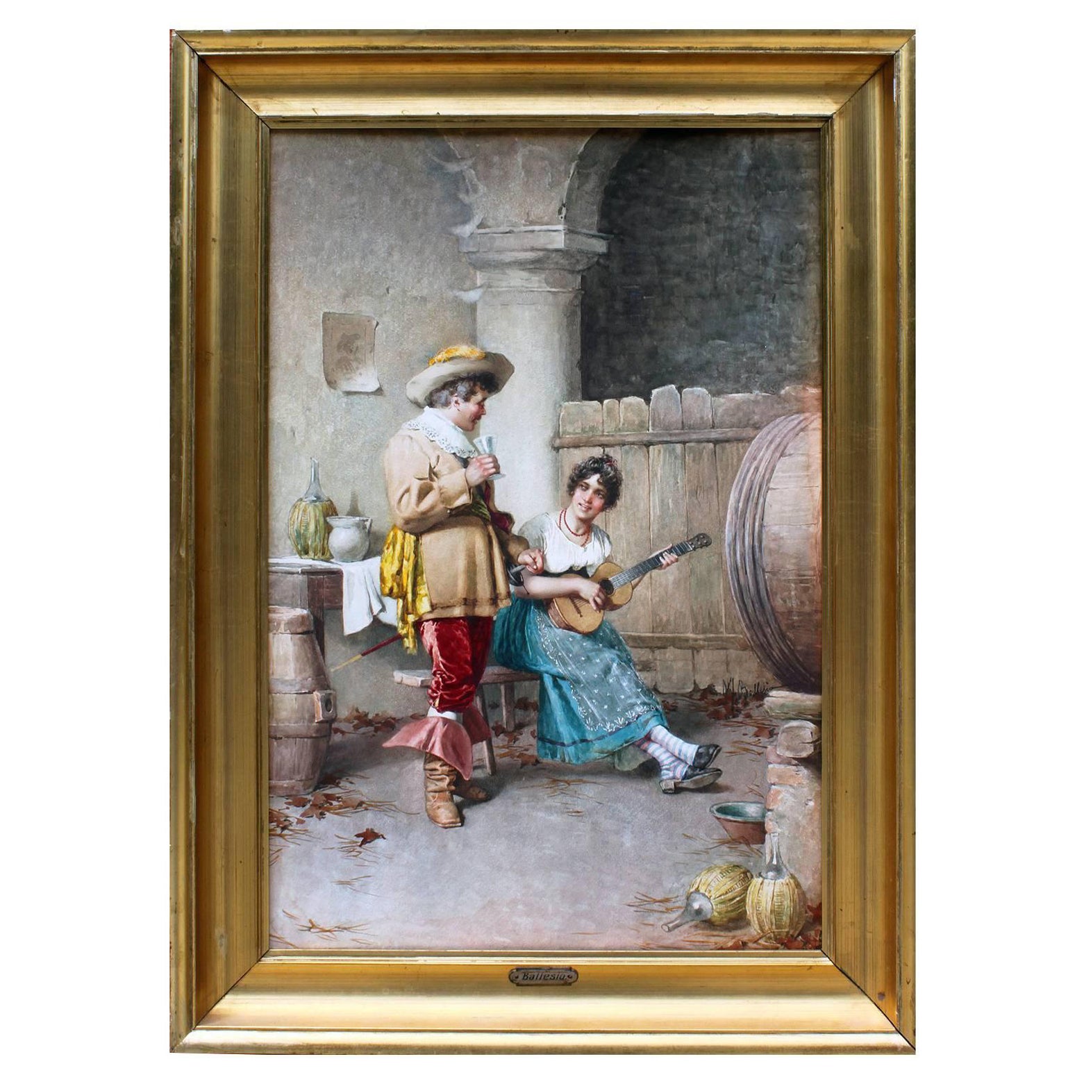 Acquerello italiano del XIX secolo “Il corteggiamento”, attribuito a Federico Ballesio