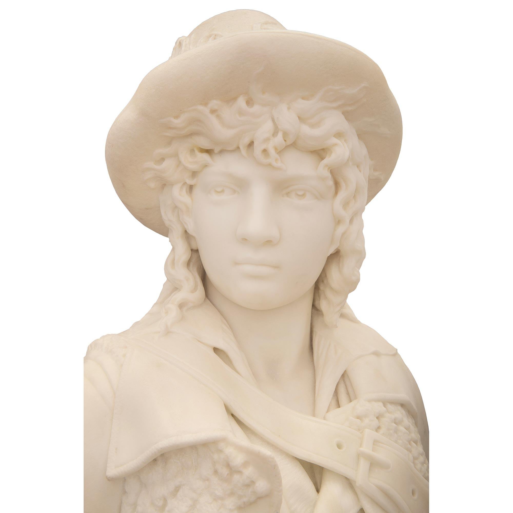 Italian 19th Century White Carrara Marble Bust of a Handsome Young Messenger For Sale 2