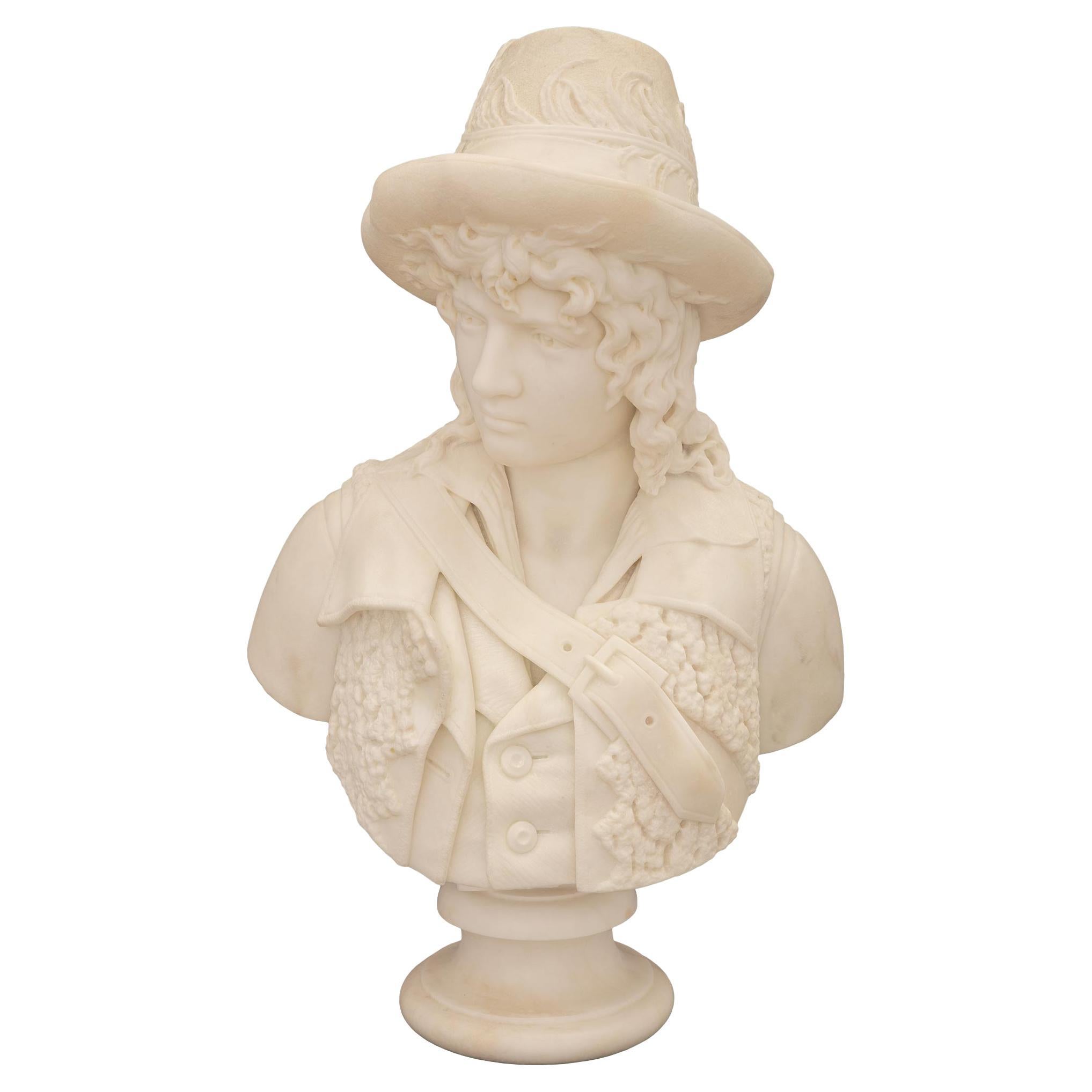 Italian 19th Century White Carrara Marble Bust of a Handsome Young Messenger