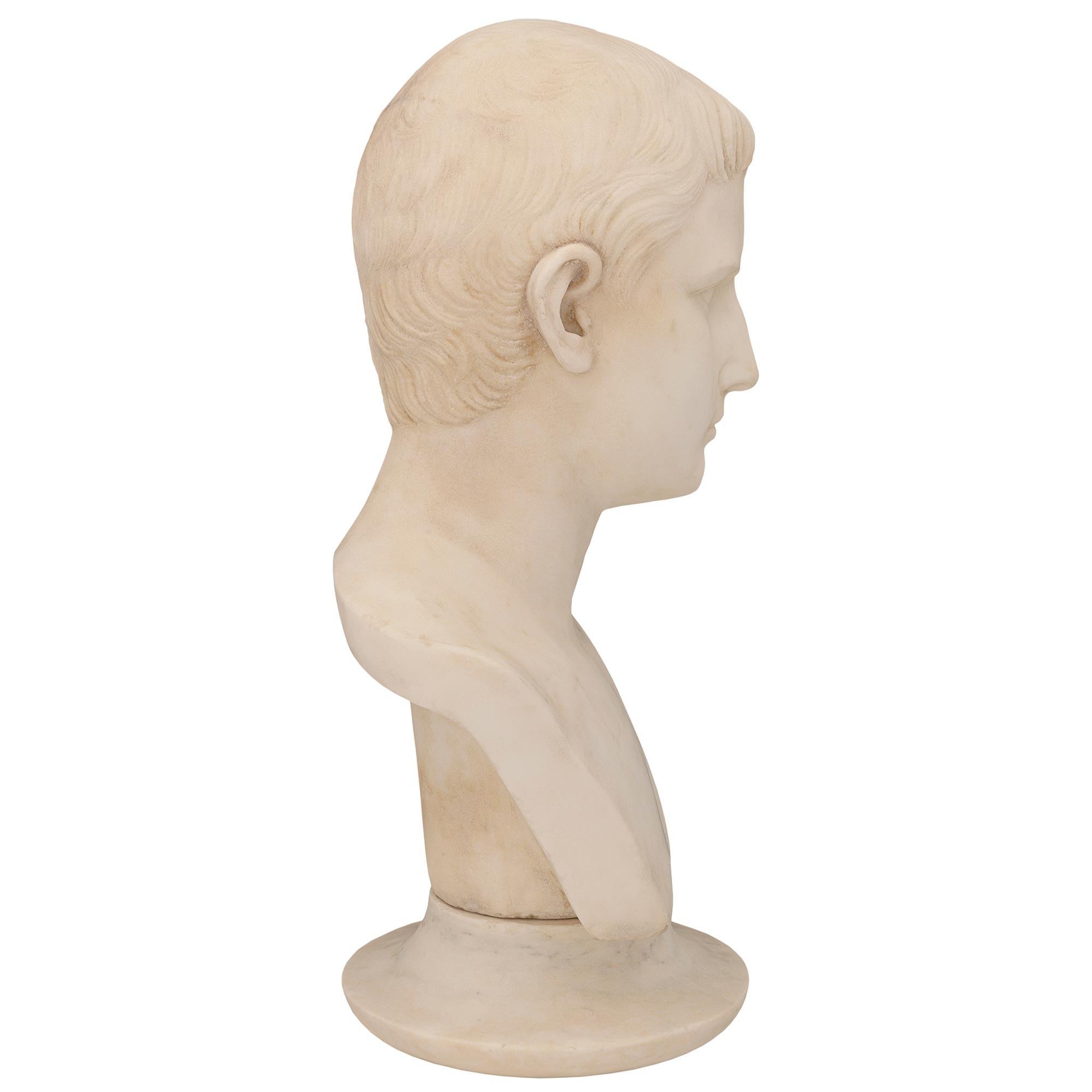 Italian 19th Century White Carrara Marble Bust of a Young August of Prima Porta In Good Condition For Sale In West Palm Beach, FL
