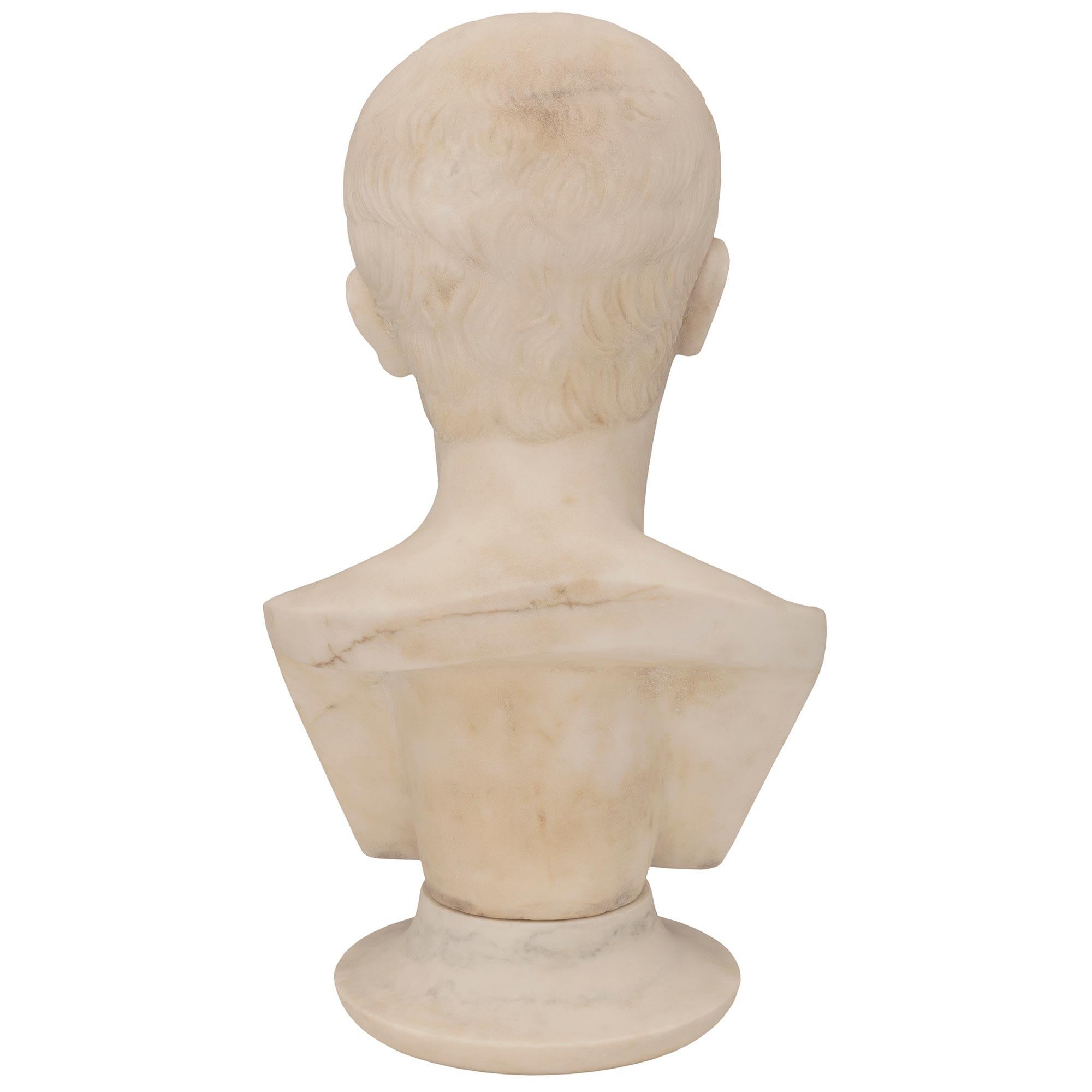 Italian 19th Century White Carrara Marble Bust of a Young August of Prima Porta For Sale 1