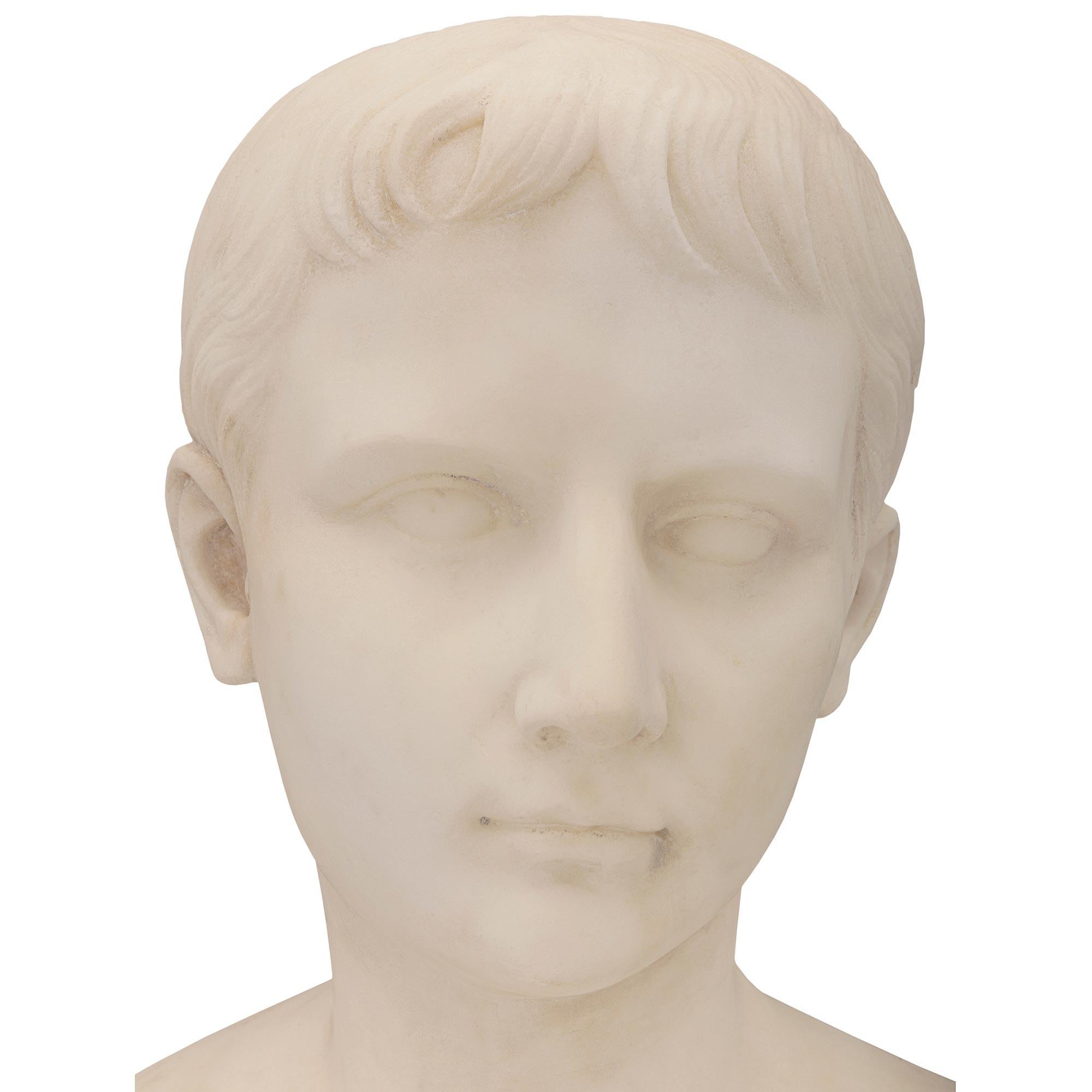 Italian 19th Century White Carrara Marble Bust of a Young August of Prima Porta For Sale 2