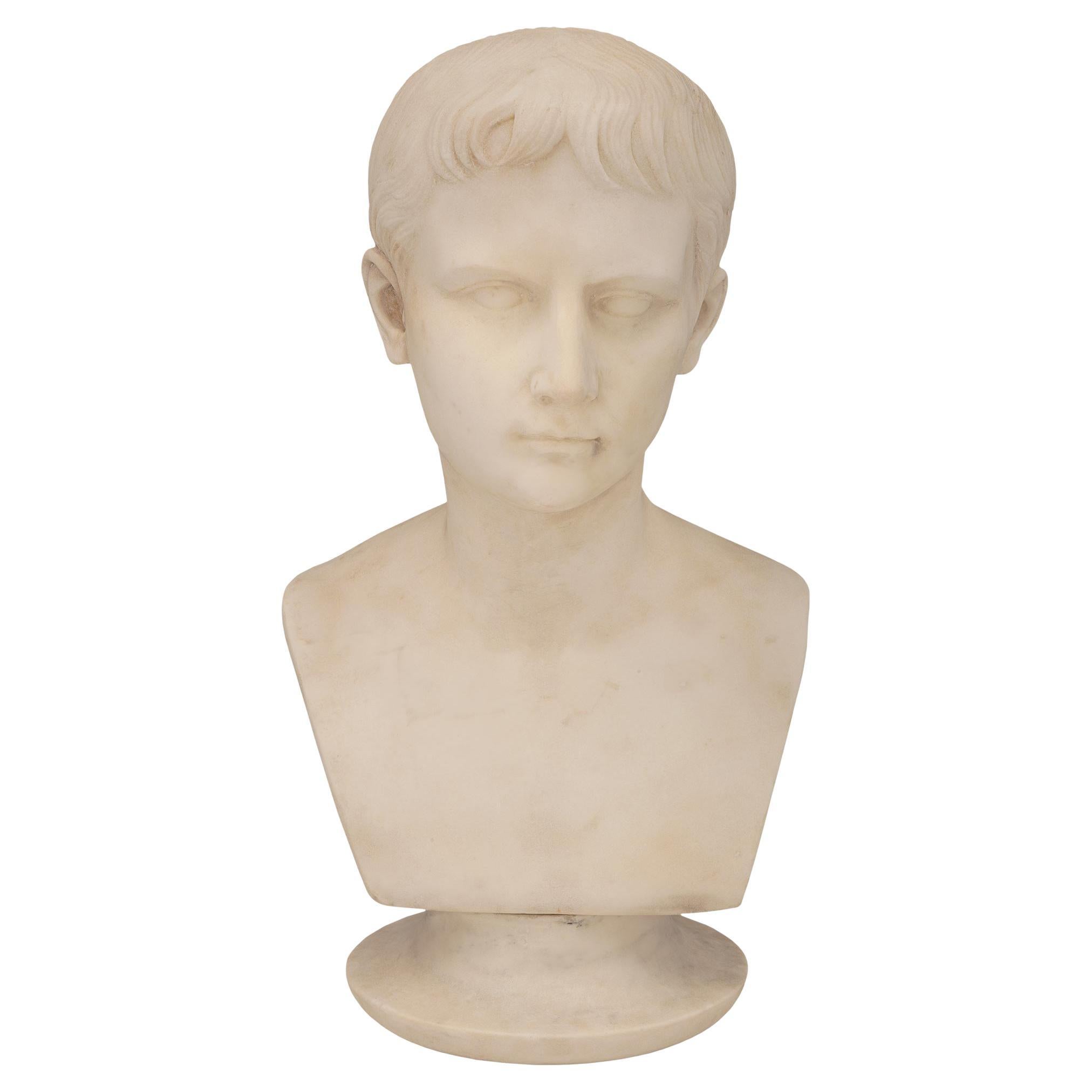 Italian 19th Century White Carrara Marble Bust of a Young August of Prima Porta