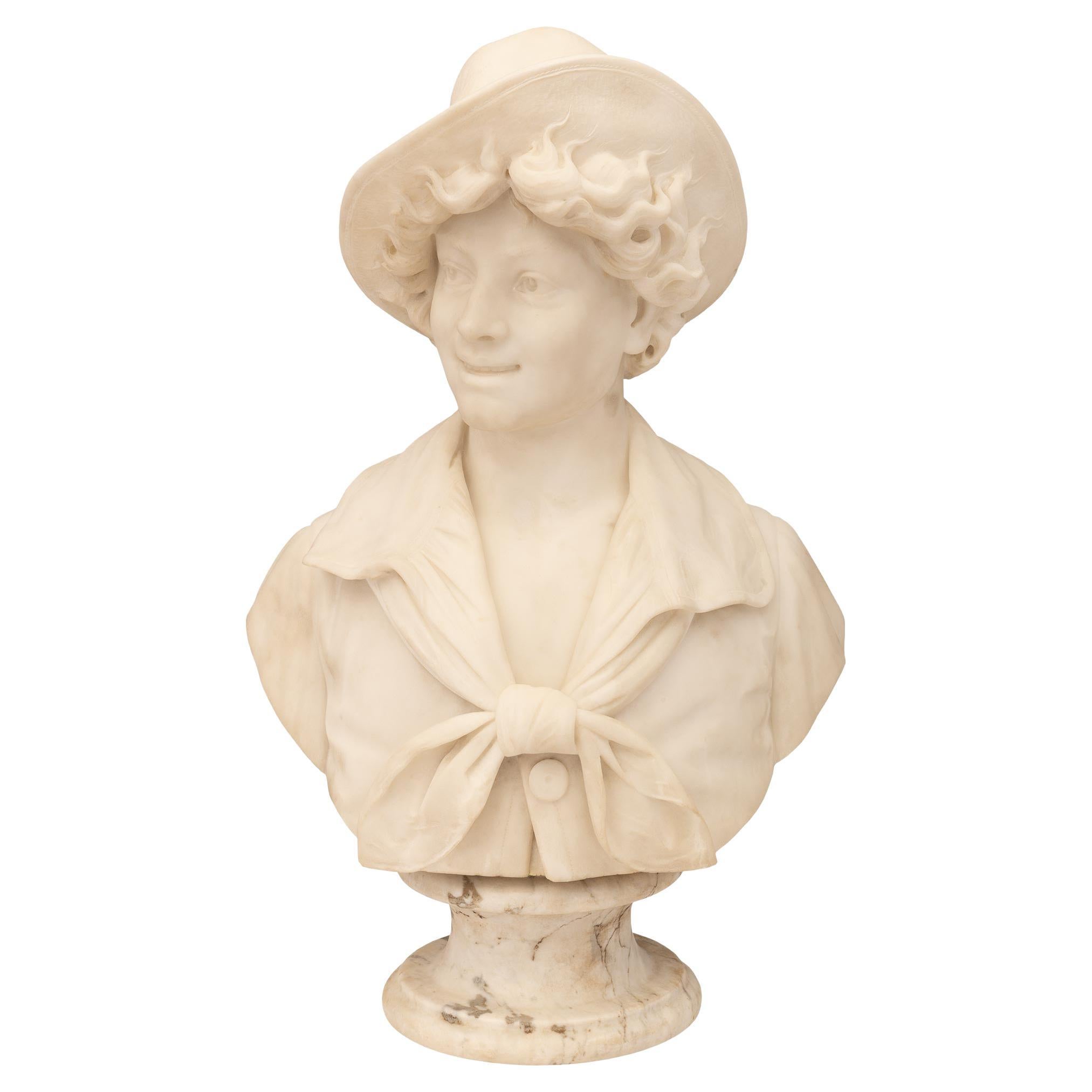 Italian 19th Century White Carrara Marble Bust of a Young Boy