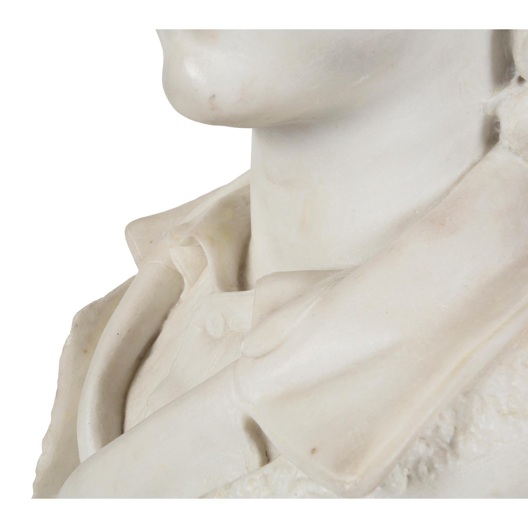 Italian 19th Century White Carrara Marble Bust of a Young Hunter For Sale 2