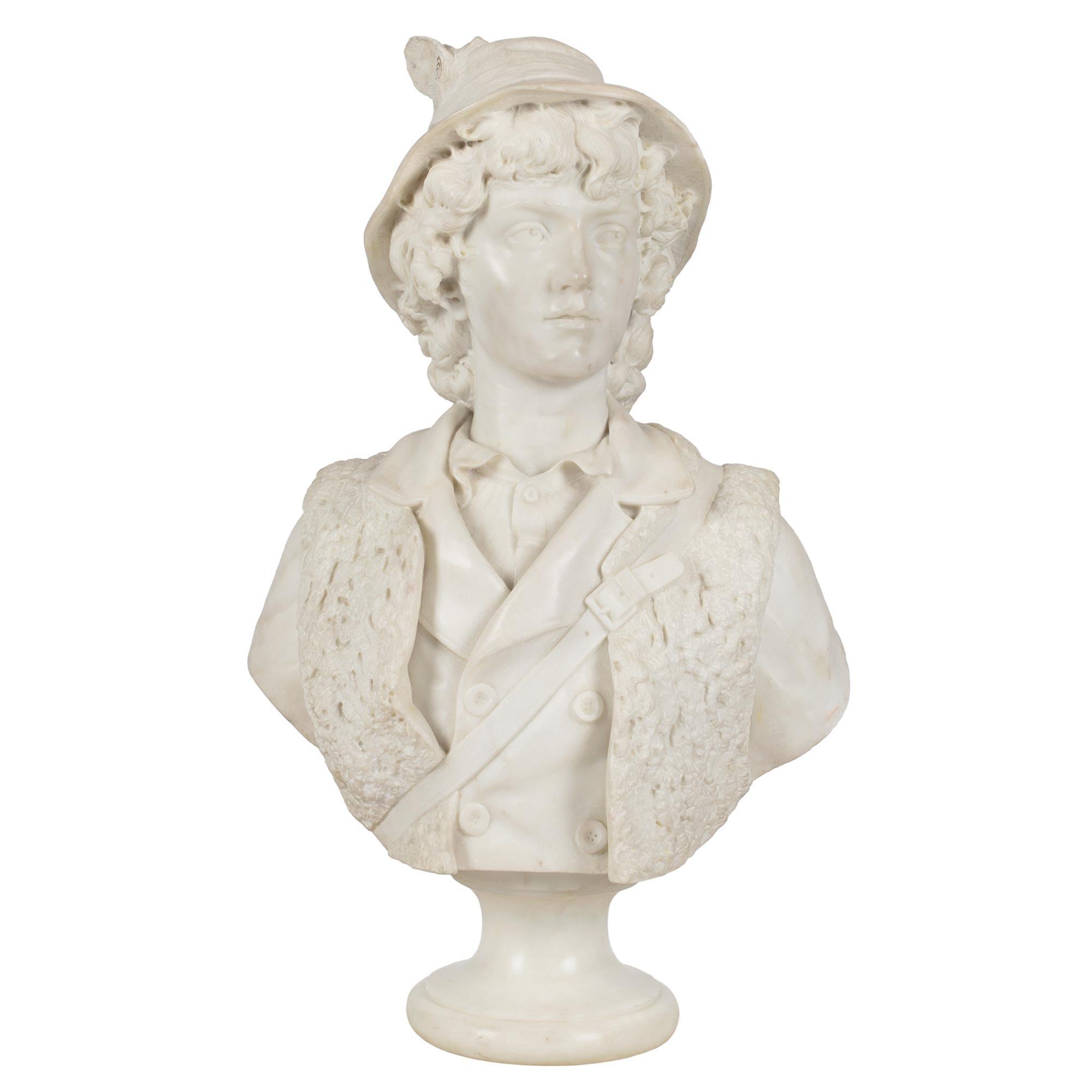 Italian 19th Century White Carrara Marble Bust of a Young Hunter For Sale