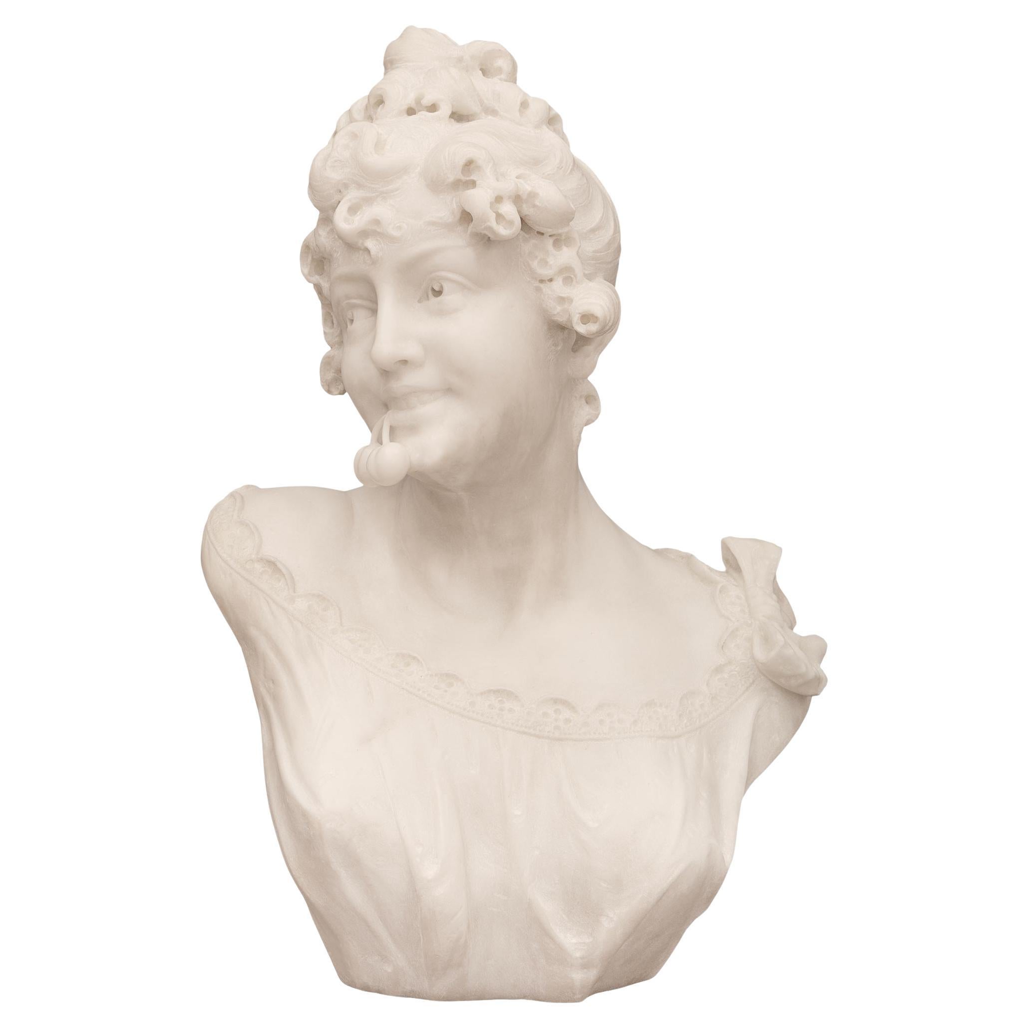 Italian 19th Century White Carrara Marble Bust of a Young Maiden