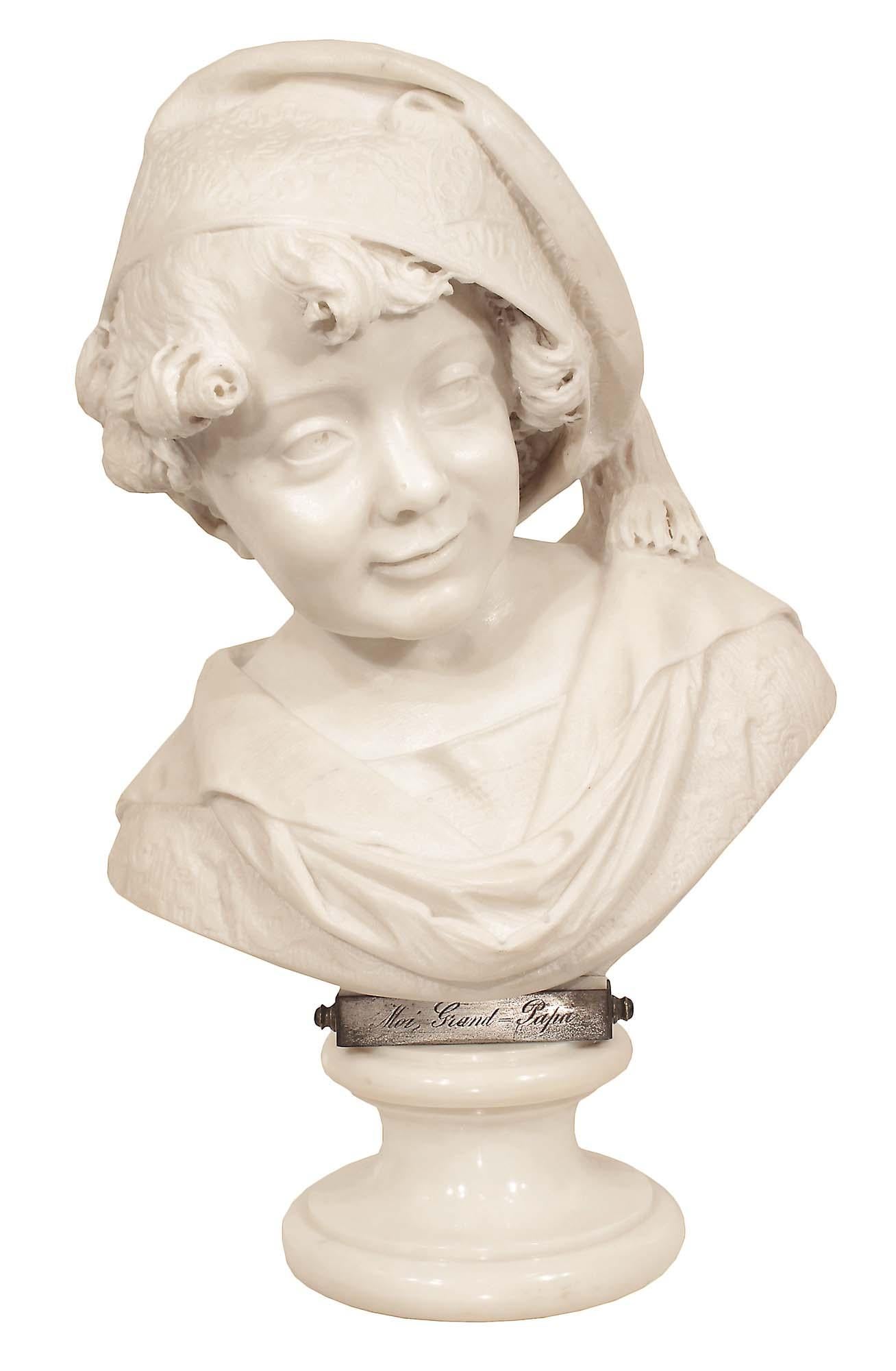 Italian 19th Century White Carrara Marble Bust Signed, G. Branca J Milano, 1881
