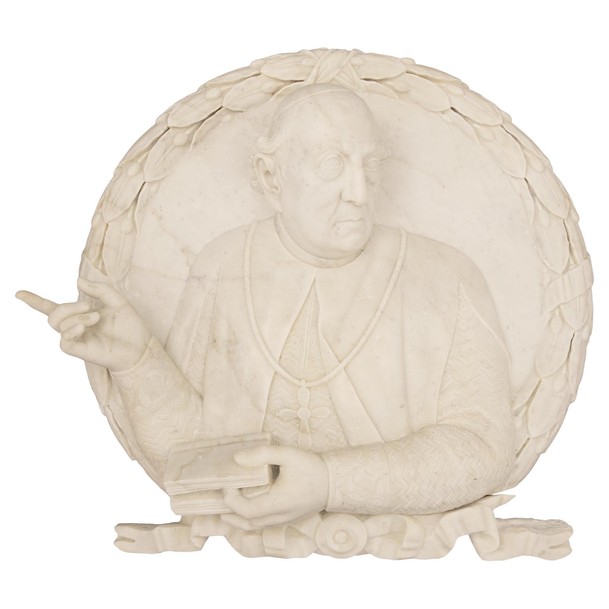 Italian 19th Century White Carrara Marble Decorative Wall Plaque of a Pope For Sale