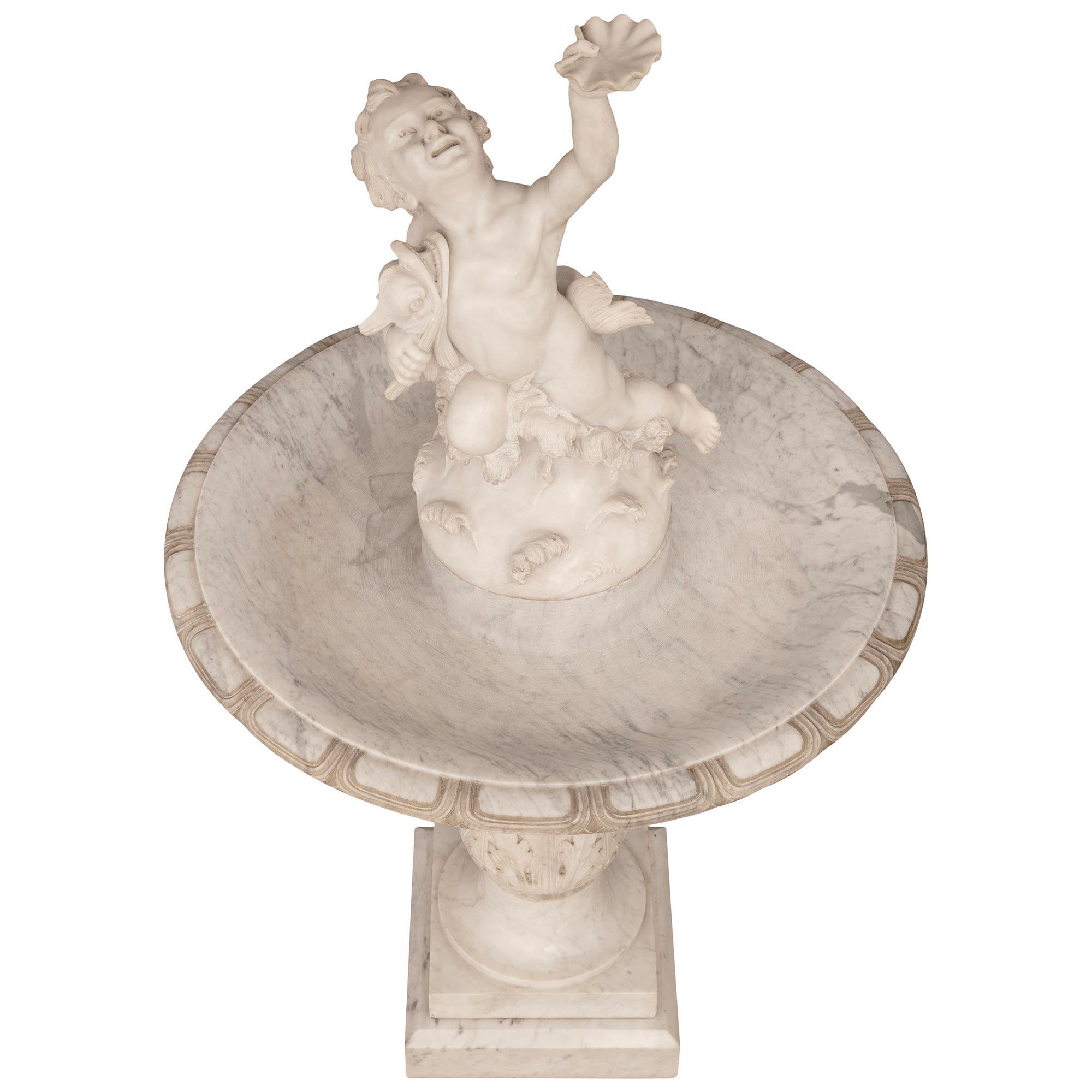 Italian 19th Century White Carrara Marble Fountain Of Cupid With A Dolphin For Sale 9
