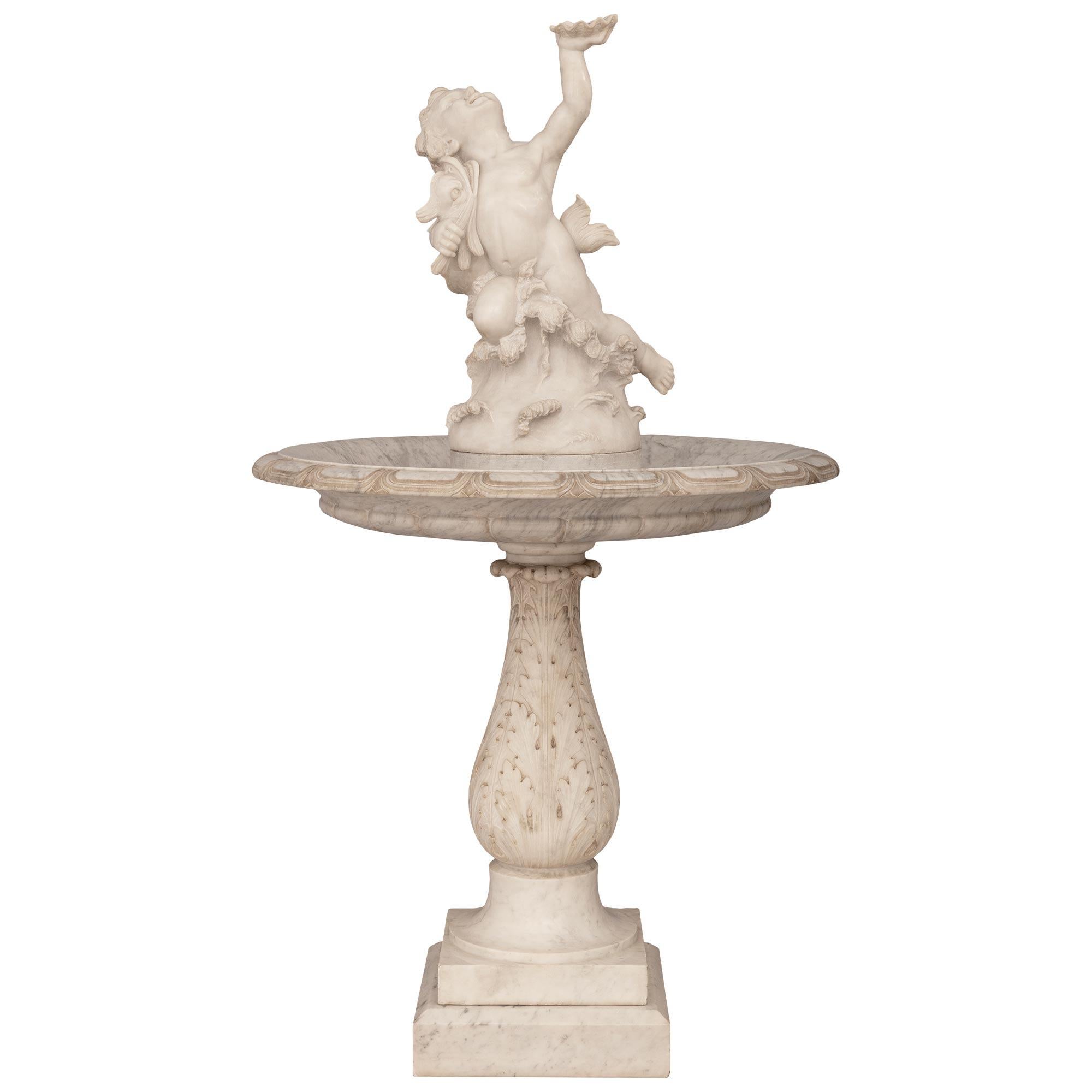 Italian 19th Century White Carrara Marble Fountain Of Cupid With A Dolphin For Sale 10