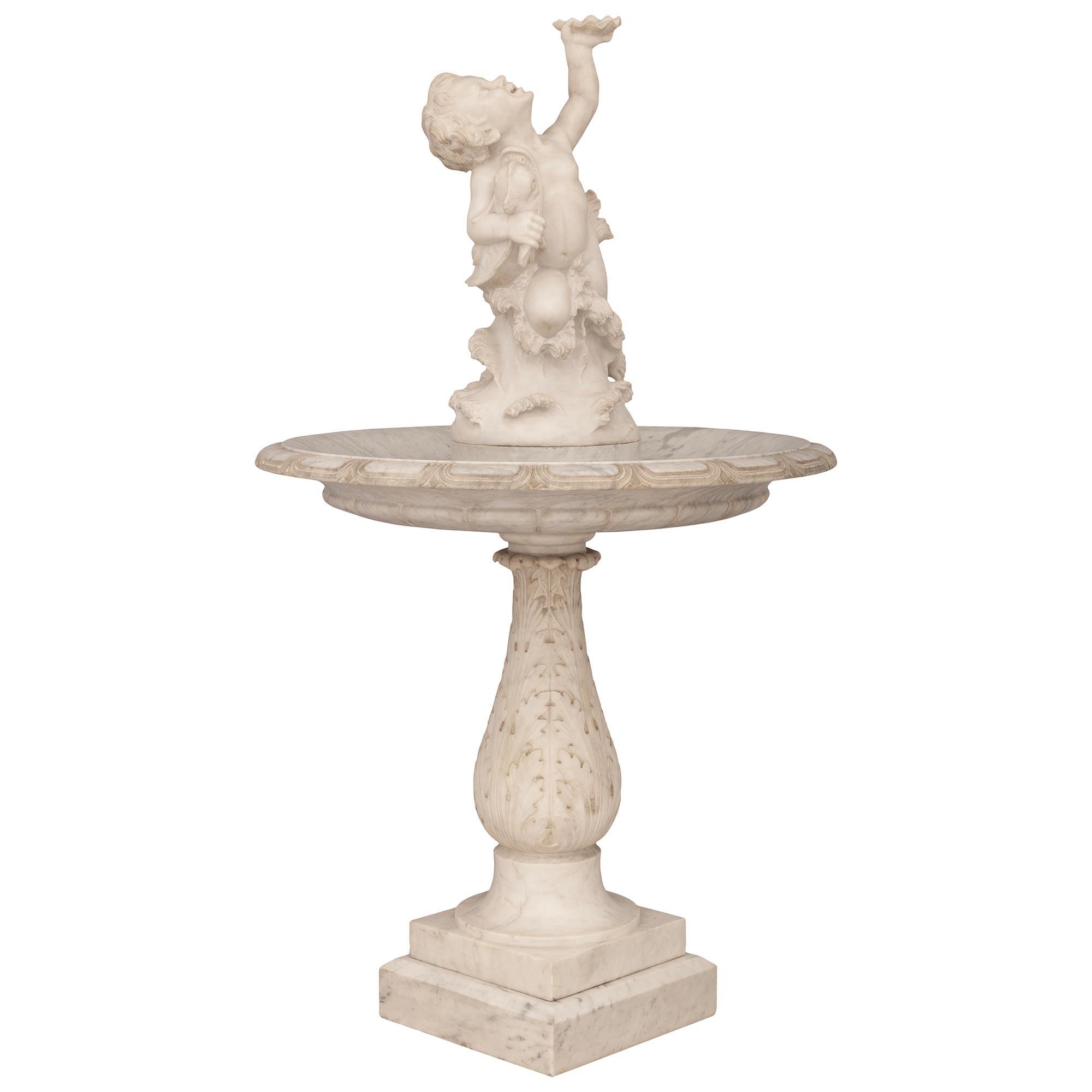 Italian 19th Century White Carrara Marble Fountain Of Cupid With A Dolphin In Good Condition For Sale In West Palm Beach, FL