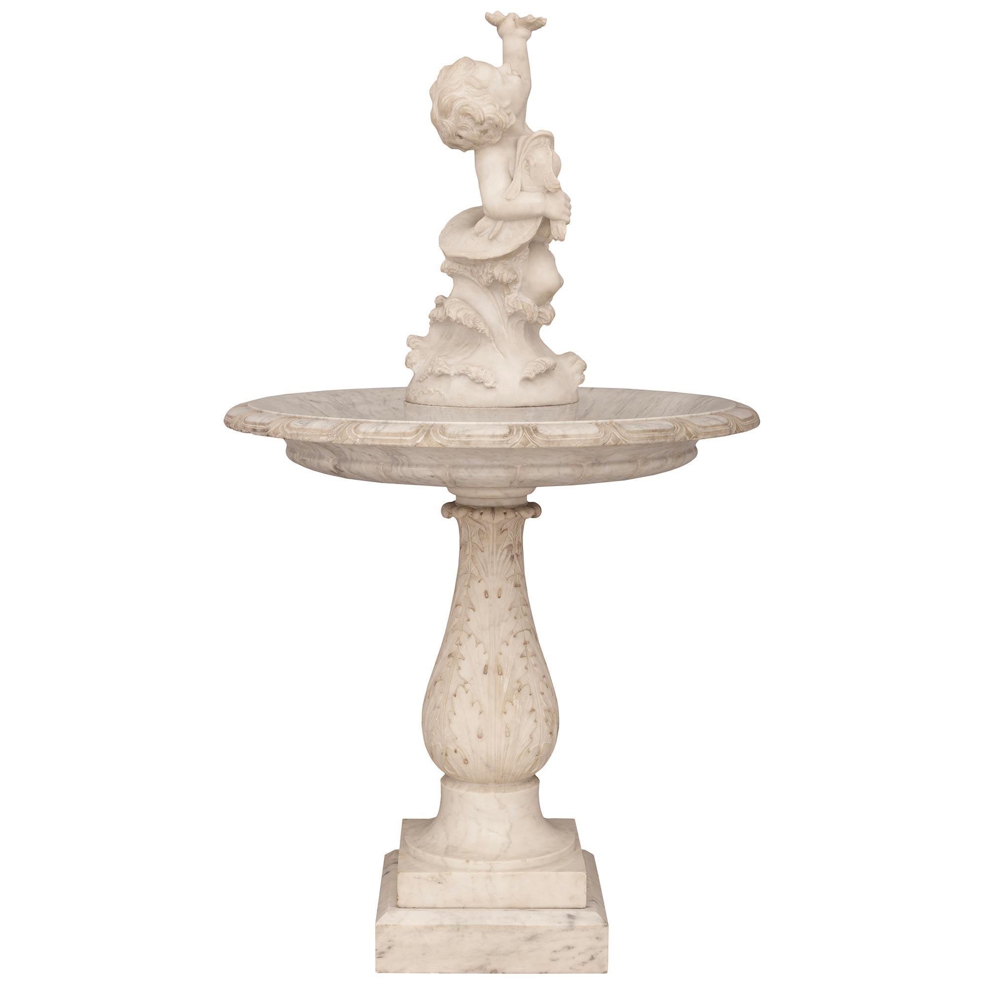 Italian 19th Century White Carrara Marble Fountain Of Cupid With A Dolphin For Sale 1