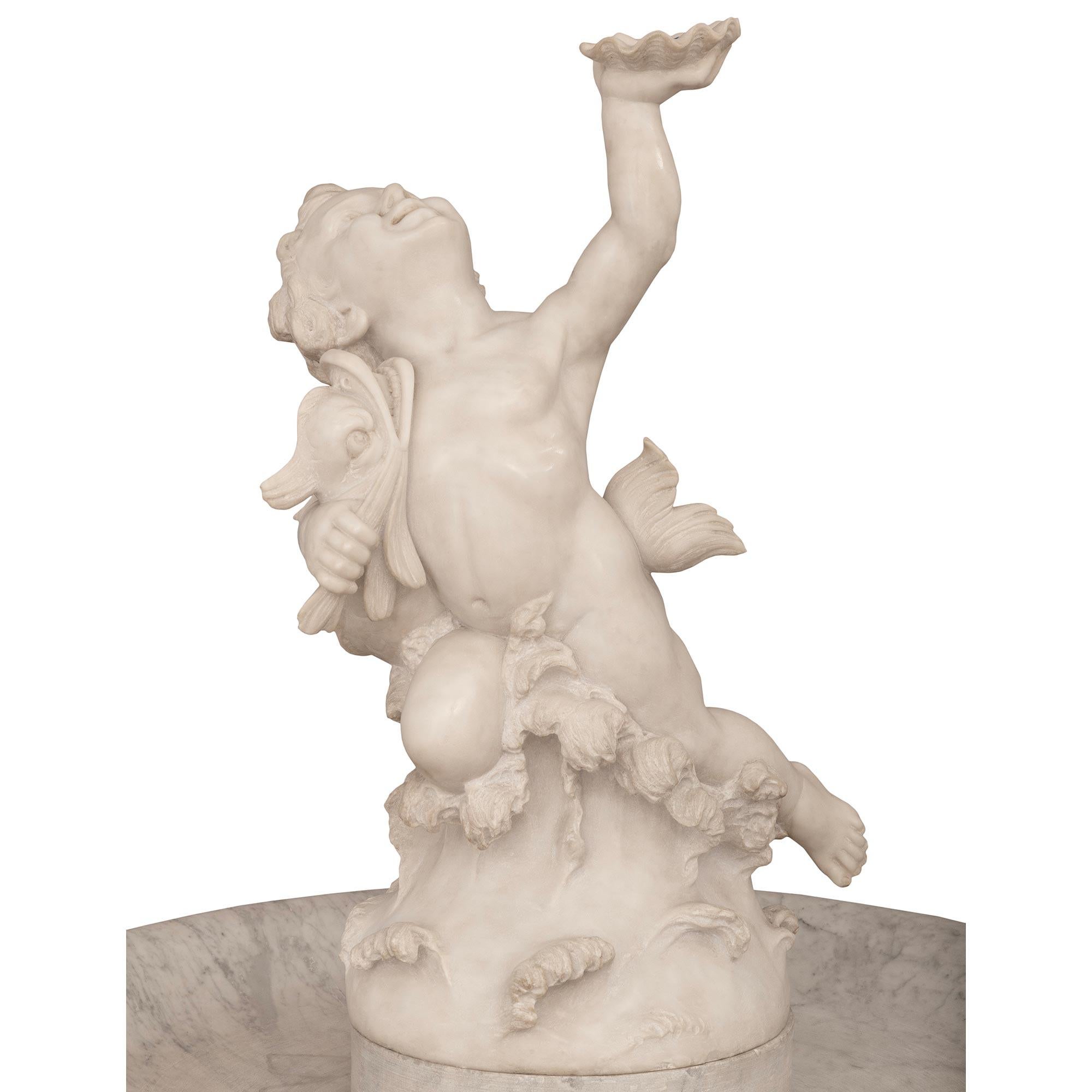 Italian 19th Century White Carrara Marble Fountain Of Cupid With A Dolphin For Sale 2