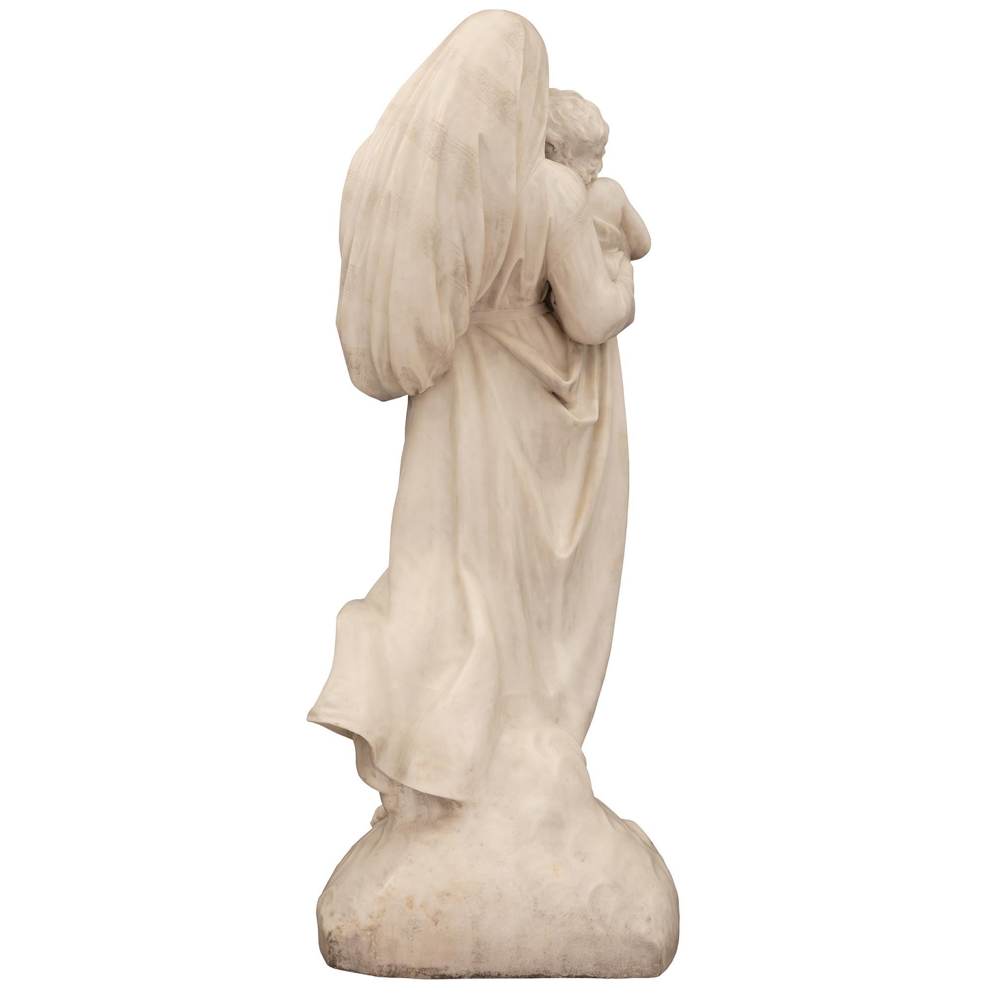Italian 19th Century White Carrara Marble Life-Size Statue of Madonna and Child For Sale 7