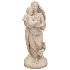 Italian 19th Century White Carrara Marble Life-Size Statue of Madonna and Child