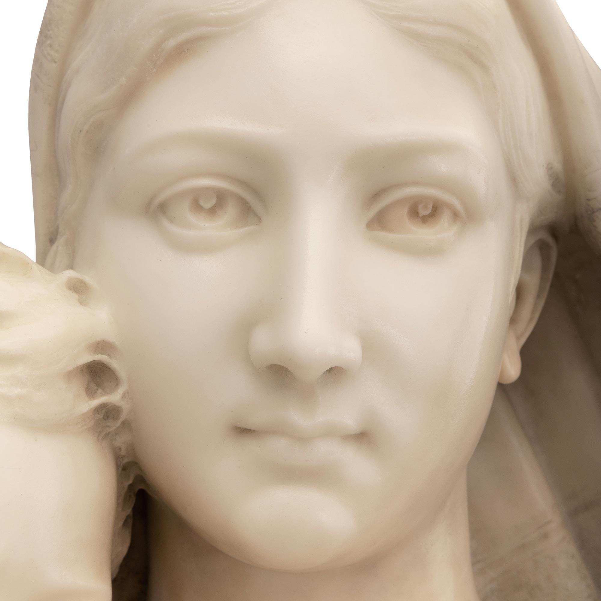 Italian 19th Century White Carrara Marble Life-Size Statue of Madonna and Child In Good Condition For Sale In West Palm Beach, FL