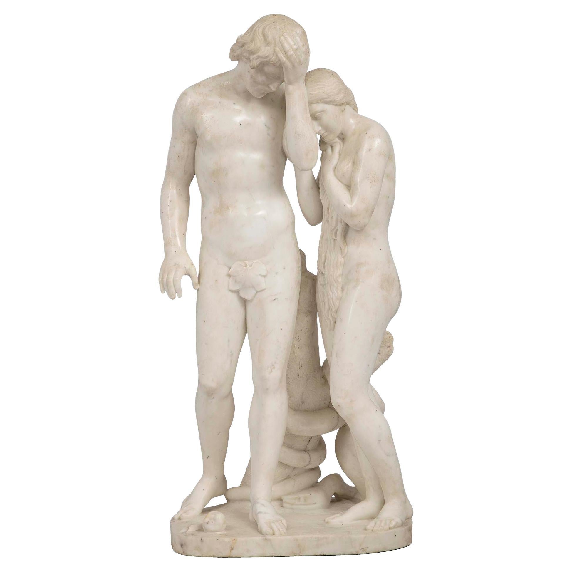 Italienische Skulptur von Adam und Eva aus weißem Carrara-Marmor aus dem 19. Jahrhundert