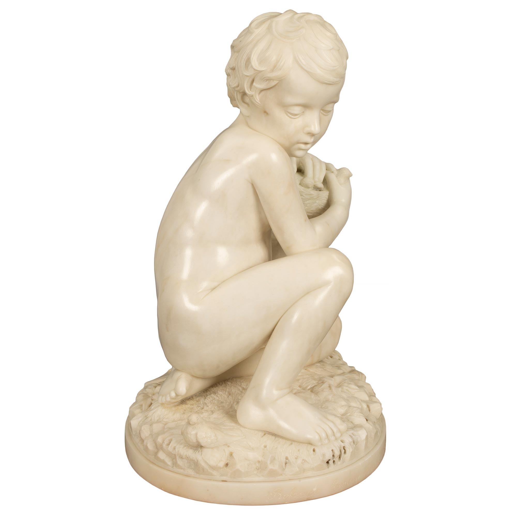 Italian 19th Century White Carrara Marble Signed Statue of a Young Boy In Good Condition For Sale In West Palm Beach, FL